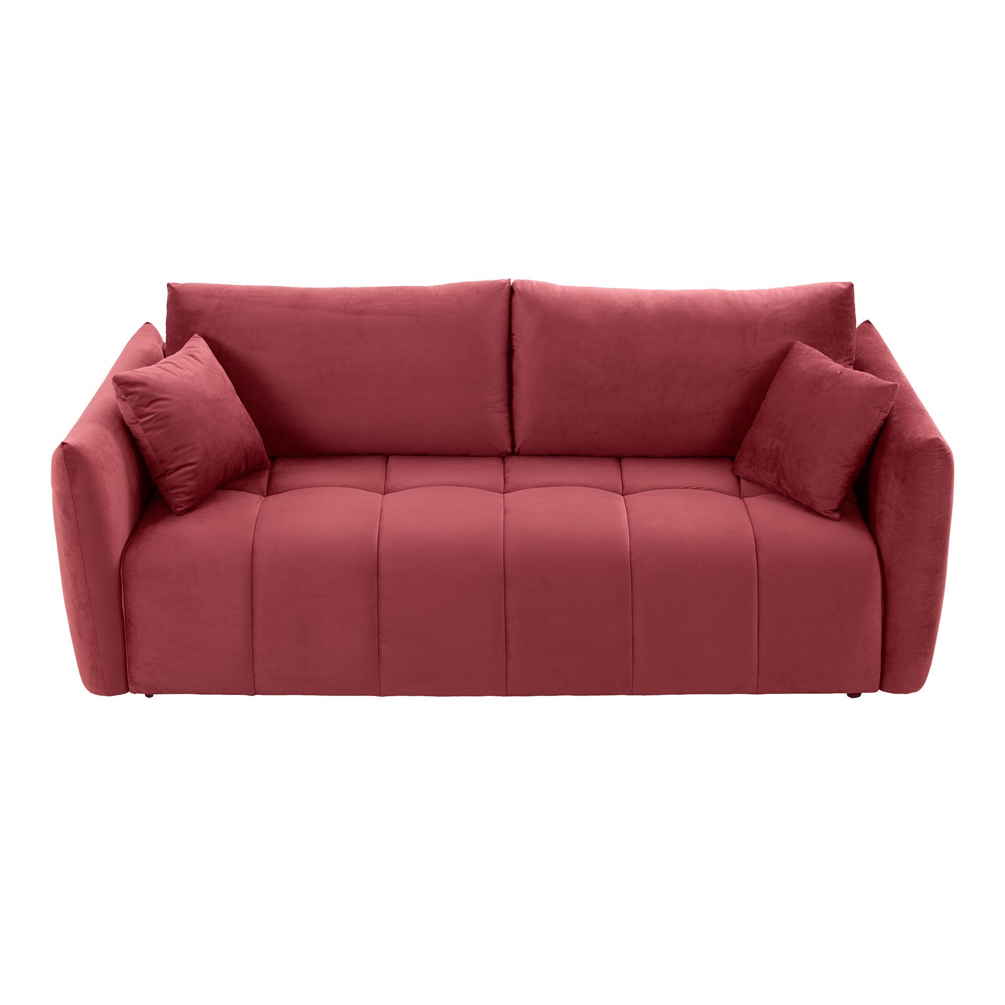 Elegant wine red sectional sofa with three pillows, upholstered in soft velvet fabric, designed for living room comfort.