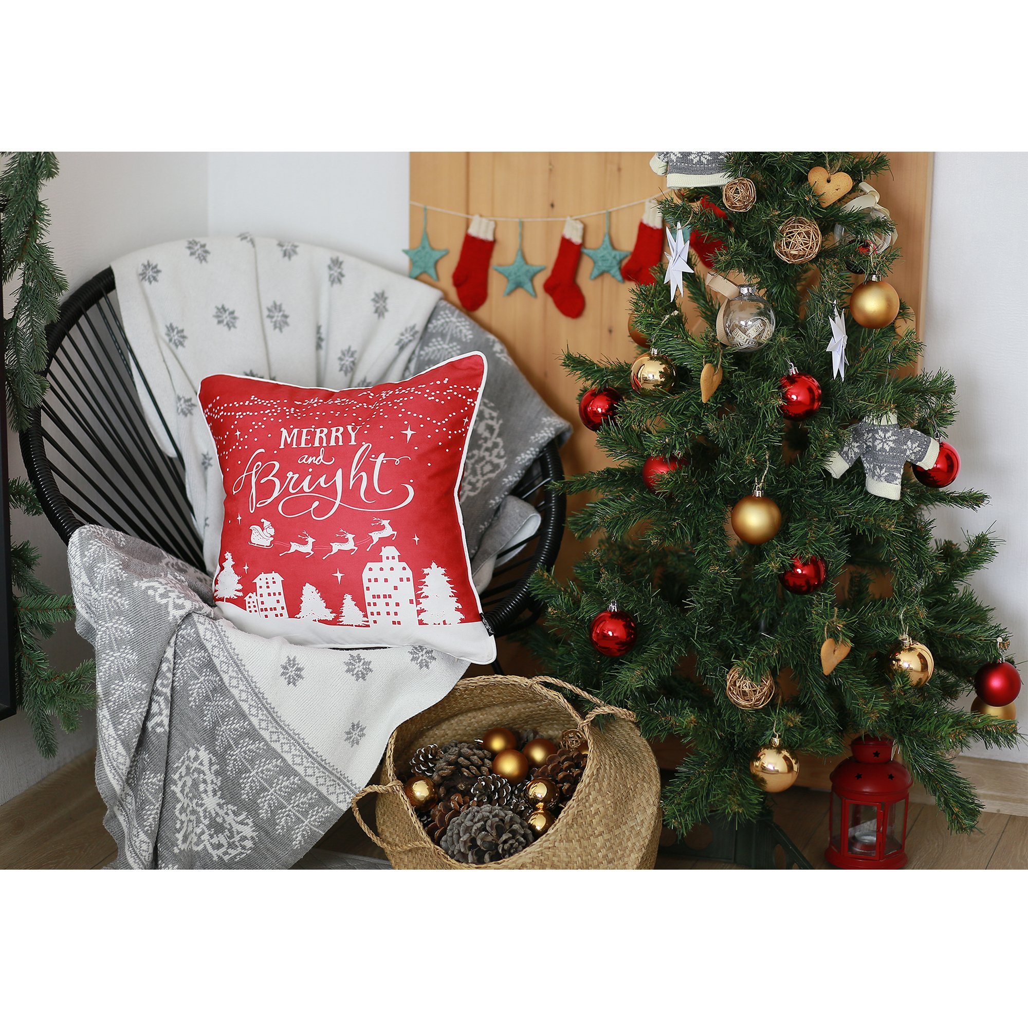 Set of 2 18-inch Christmas Merry Bright Throw Pillow Covers featuring a vibrant multicolor design on soft brushed polyester fabric.