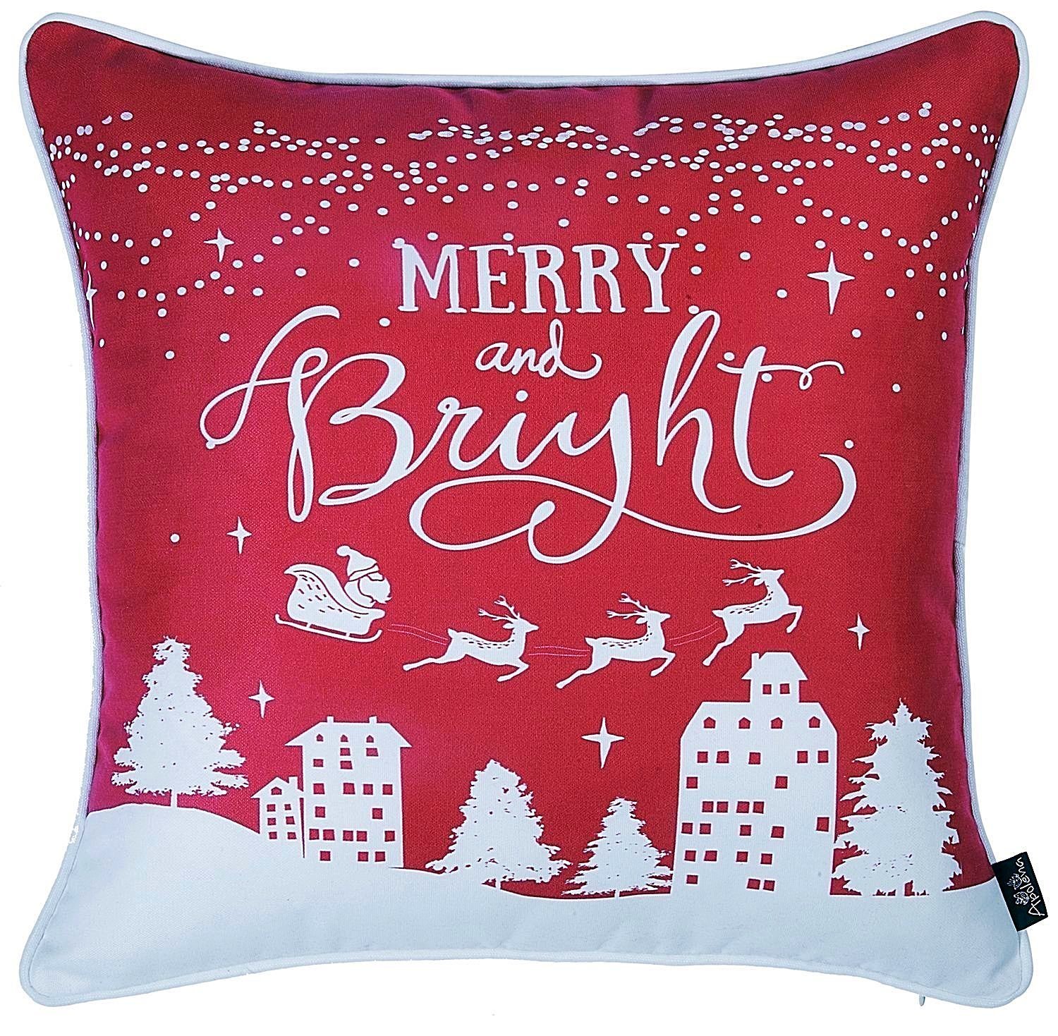 Set of 2 18-inch Christmas Merry Bright Throw Pillow Covers featuring a vibrant multicolor design on soft brushed polyester fabric.