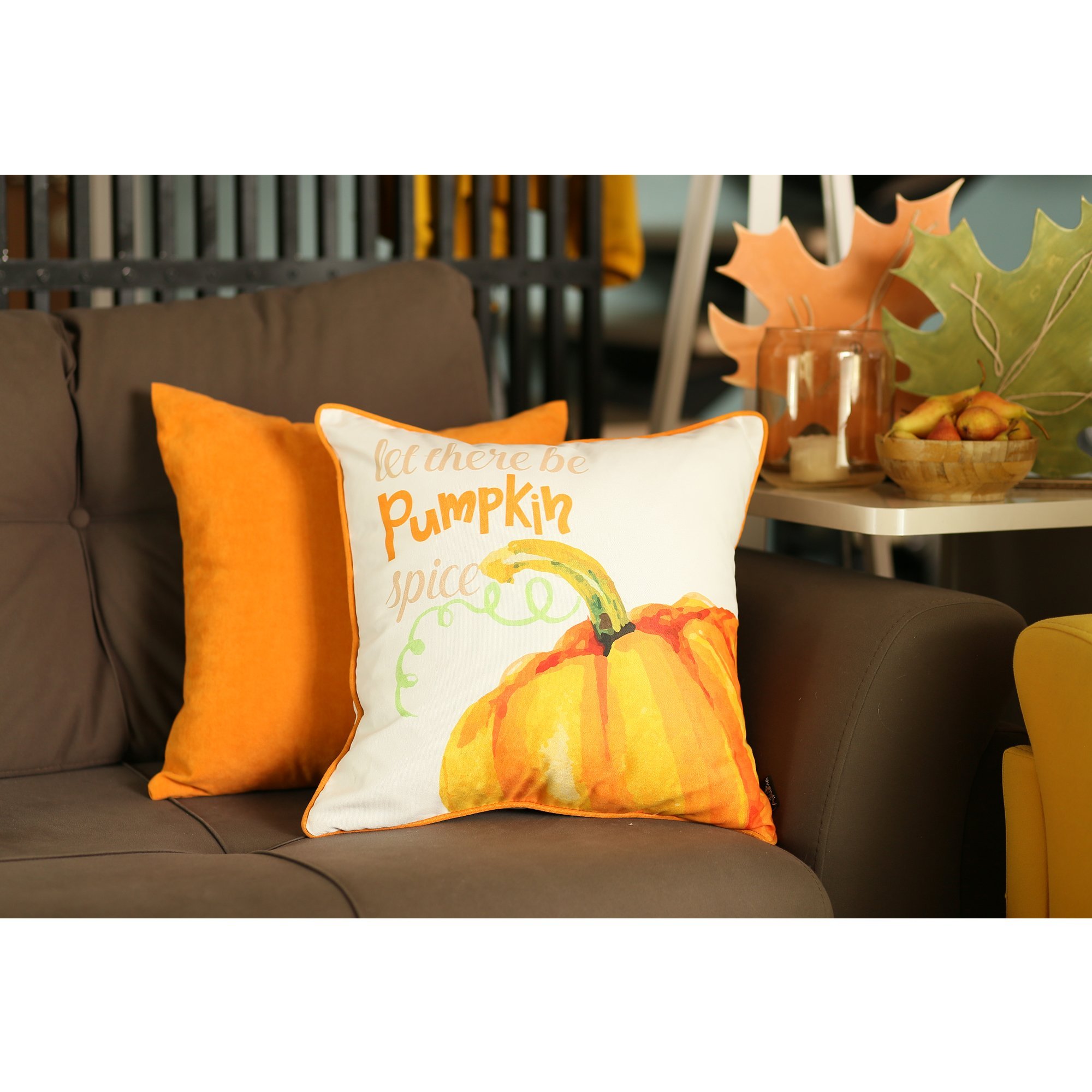 Set of 2 18-inch Fall Season Pumpkin Pie Throw Pillow Covers featuring a vibrant multicolor design on soft brushed polyester fabric.