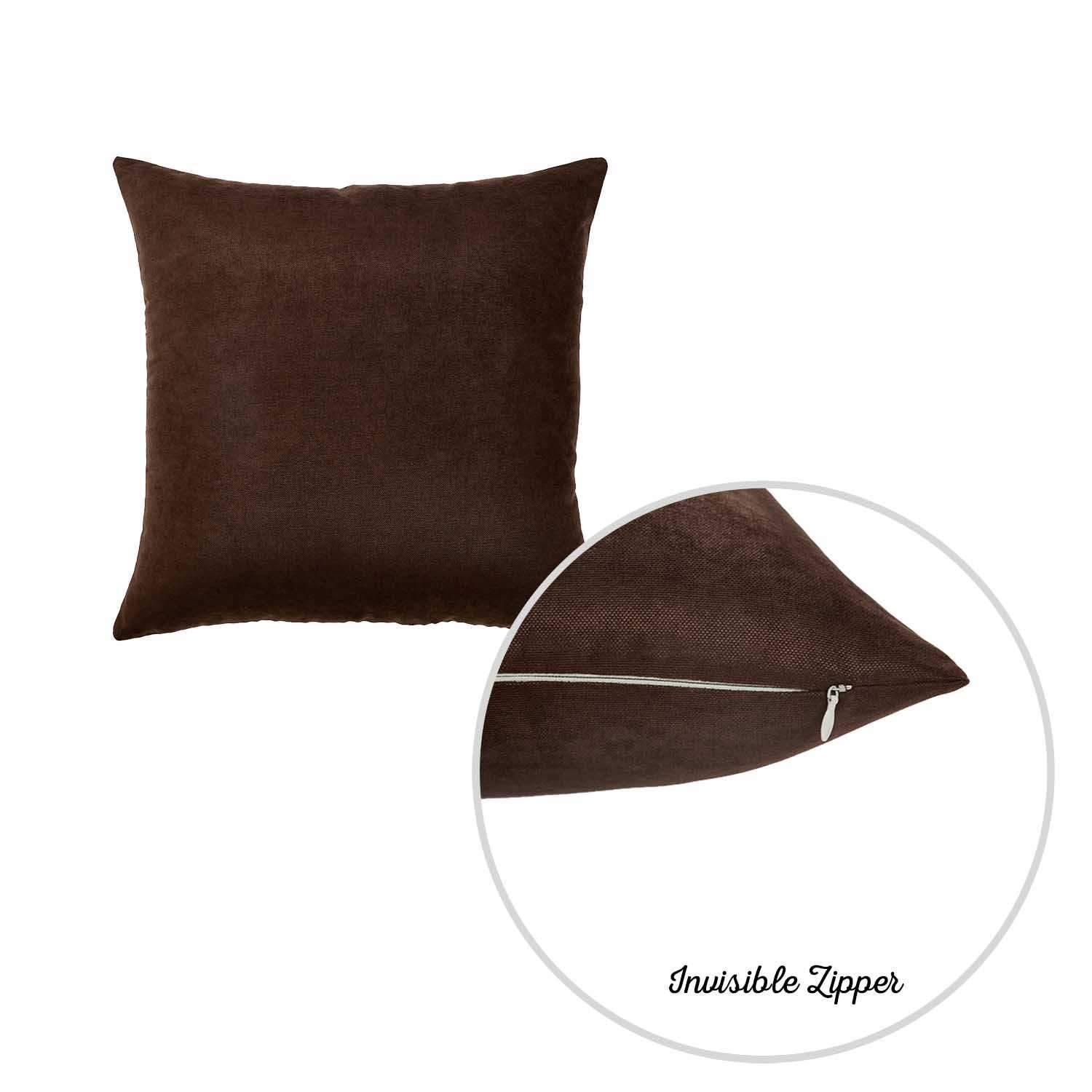 Set of 2 brown brushed twill decorative throw pillow covers with hidden zipper closure, showcasing luxurious fabric and a rich honey brown color.