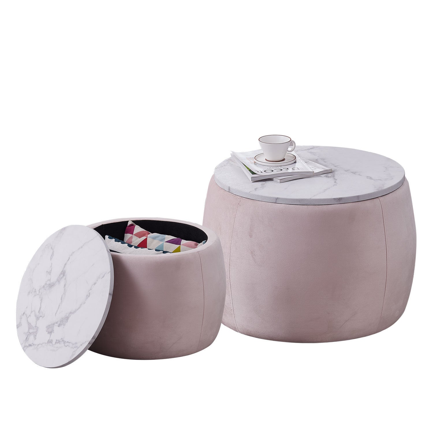 Set of 2 stylish round end tables with storage, featuring a pink velvet finish and removable tops, perfect for living rooms and bedrooms.