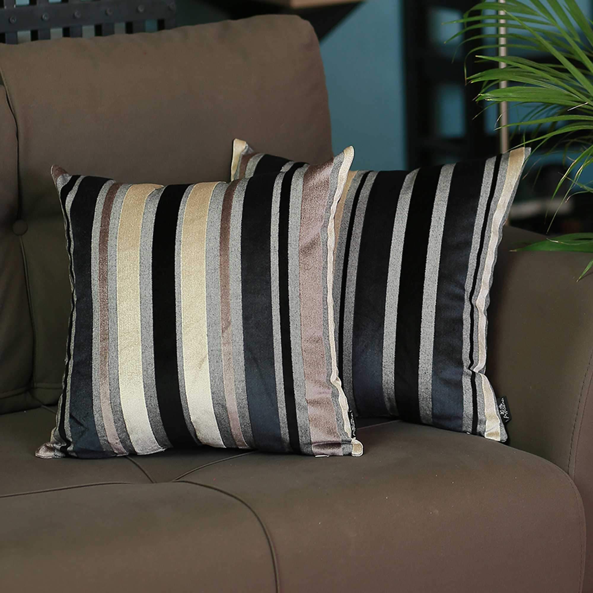 Set of 2 Midnight Variegated Stripe Decorative Pillow Covers in luxurious velvet fabric, showcasing a rich dark blue color with elegant stripes.