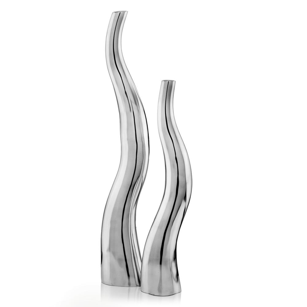 Set of 2 modern tall silver squiggly floor vases, showcasing a unique design with a sleek silver finish, perfect for home decor.