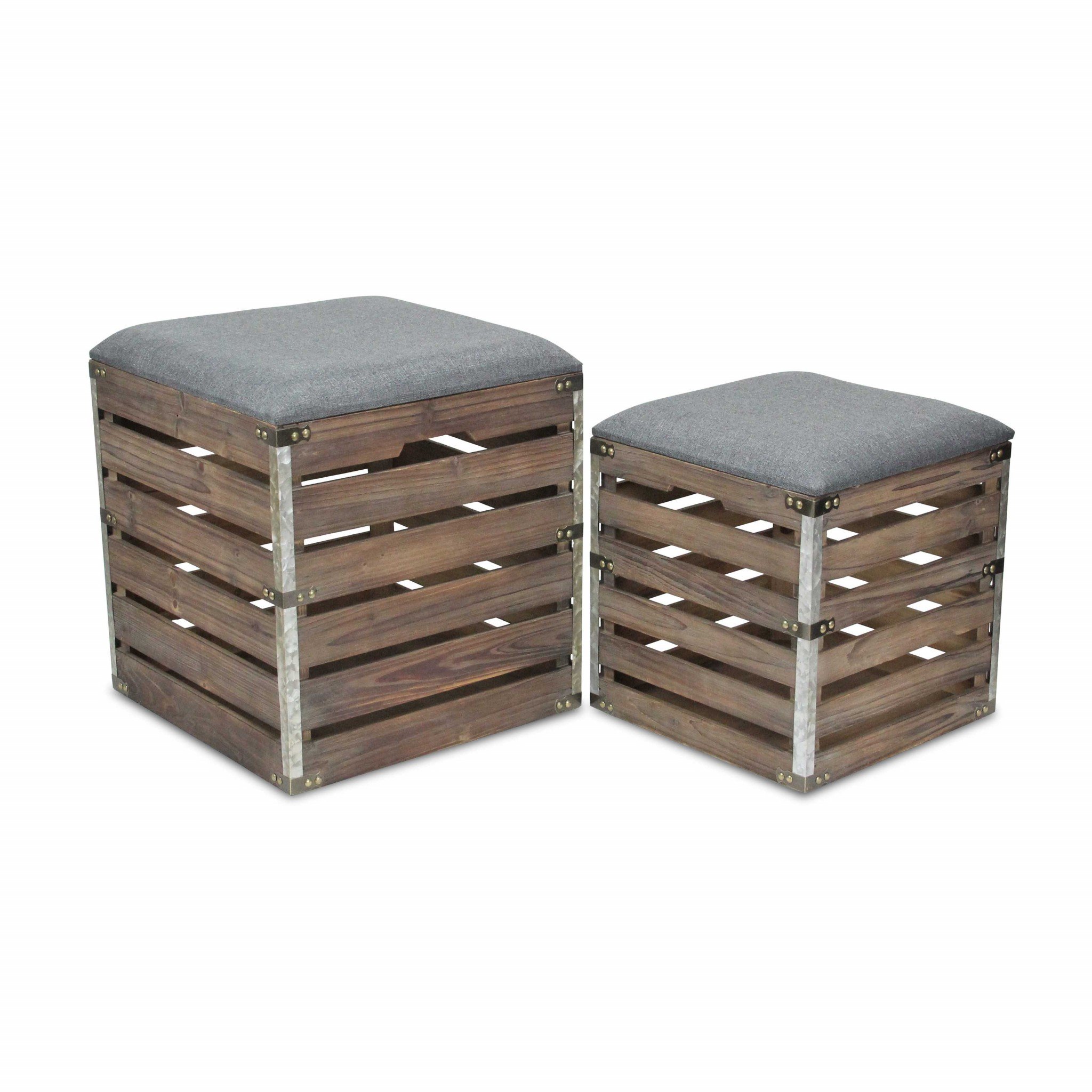 Set of 2 square gray linen storage benches with wood slats, featuring a lift-off lid for hidden storage, perfect for modern home decor.