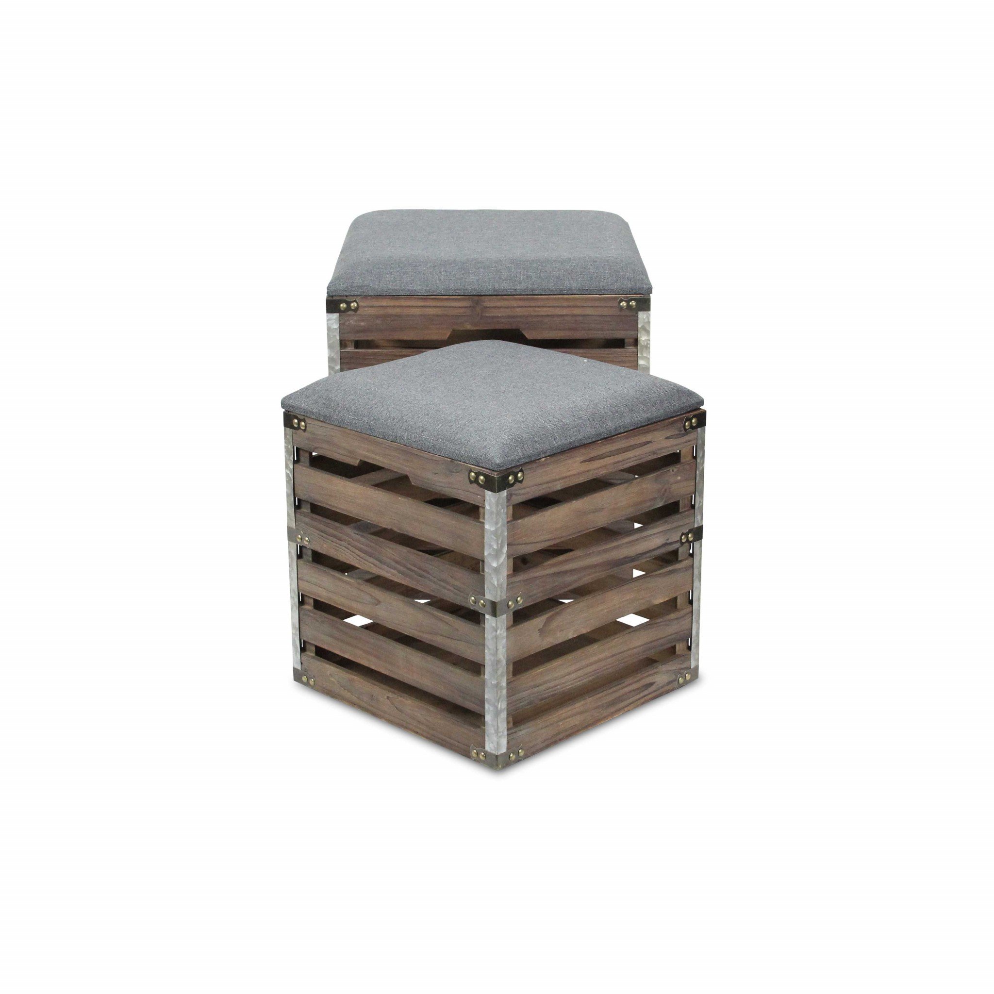 Set of 2 square gray linen storage benches with wood slats, featuring a lift-off lid for hidden storage, perfect for modern home decor.