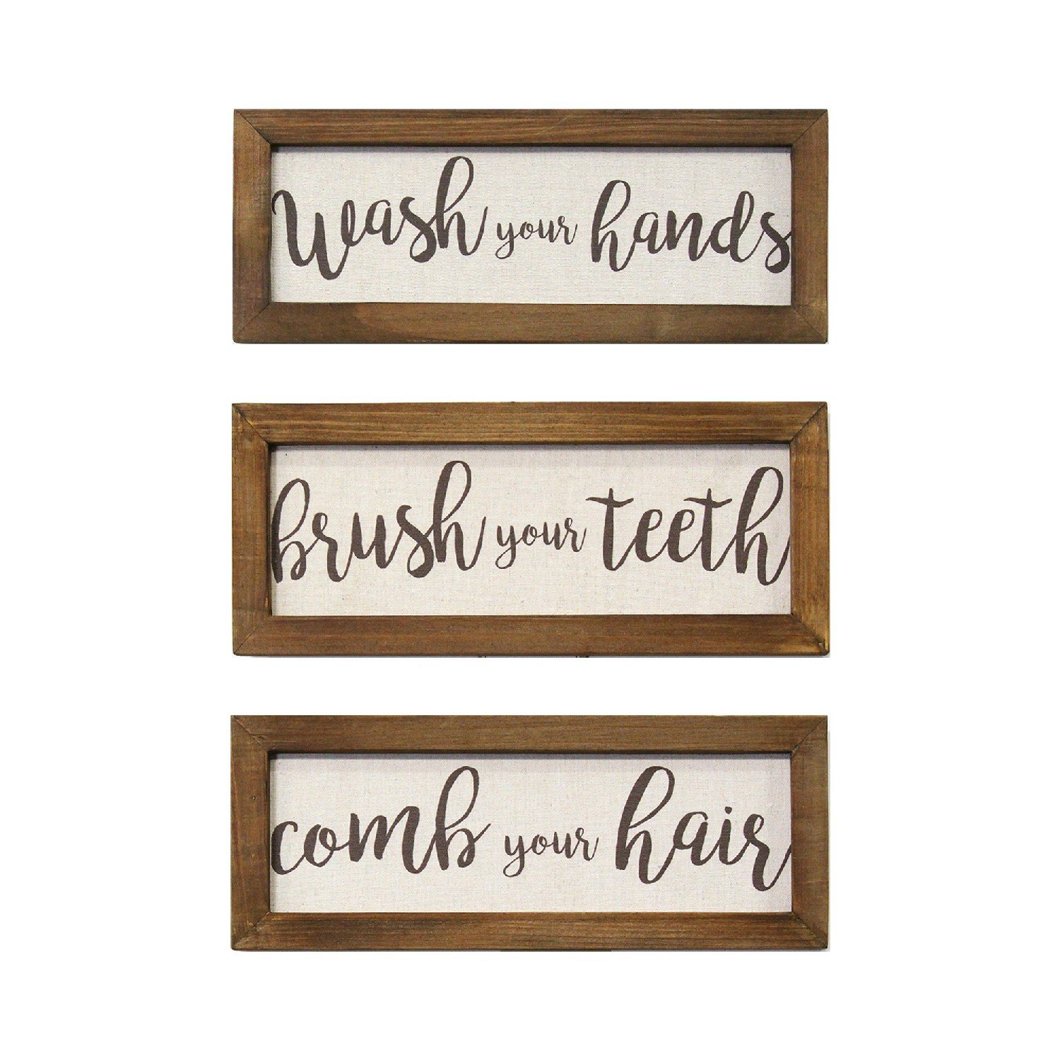 Set of 3 framed linen bathroom rules wall art featuring sayings 'Wash Your Hands', 'Brush Your Teeth', and 'Comb Your Hair' in a rustic wood frame.