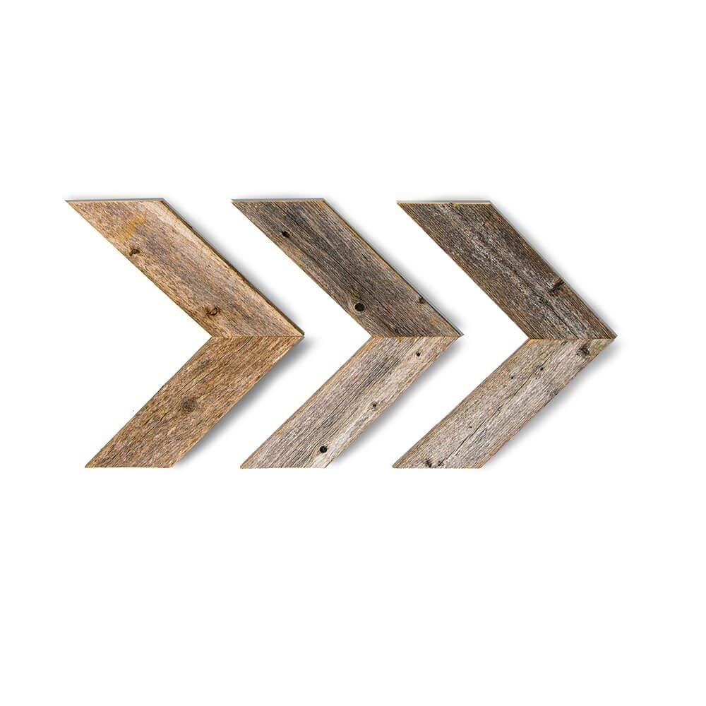 Set of 3 rustic weathered grey wood chevron arrows, showcasing unique handmade design and reclaimed wood texture.