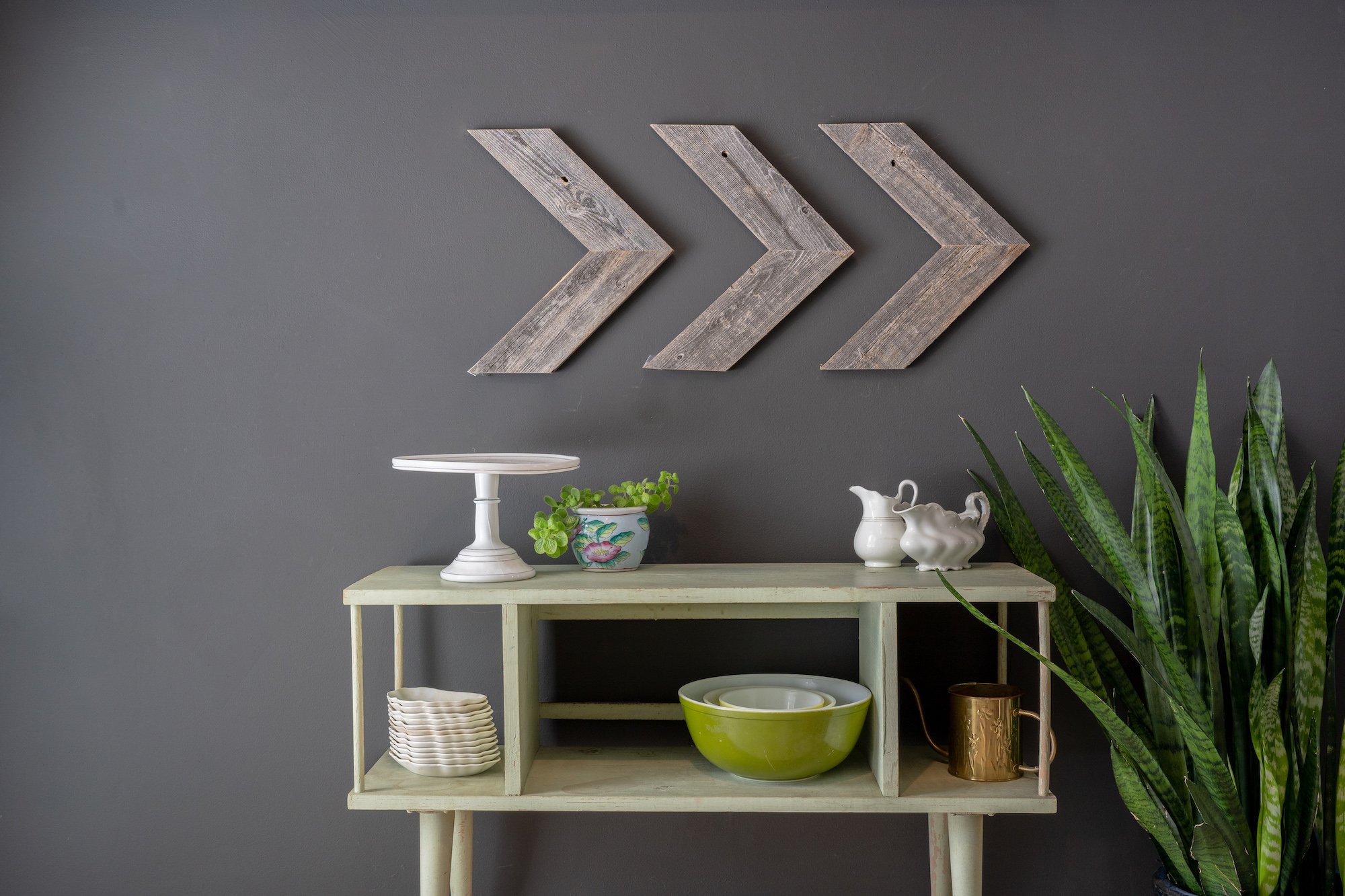 Set of 3 rustic weathered grey wood chevron arrows, showcasing unique handmade design and reclaimed wood texture.