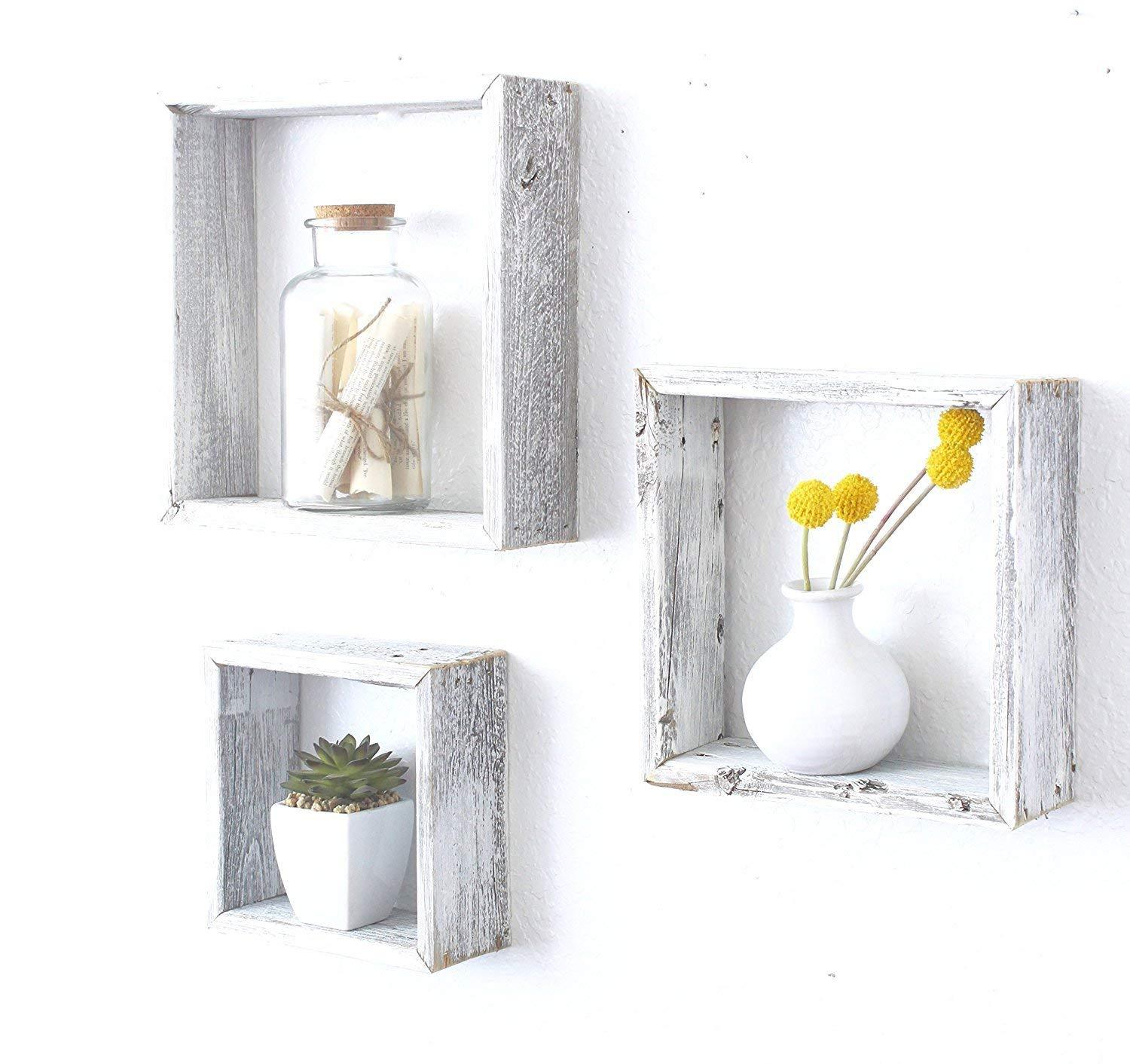 Set of 3 rustic white wash wood open box shelves, showcasing a charming farmhouse design, perfect for displaying decor items.