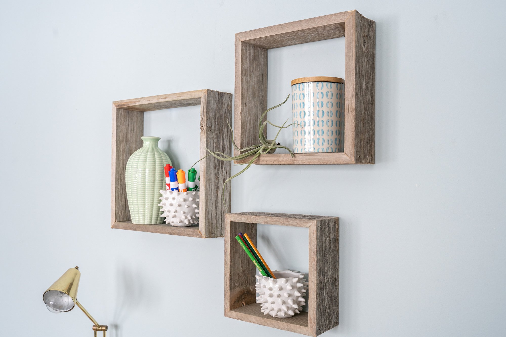 Set of 3 rustic white wash wood open box shelves, showcasing a charming farmhouse design, perfect for displaying decor items.