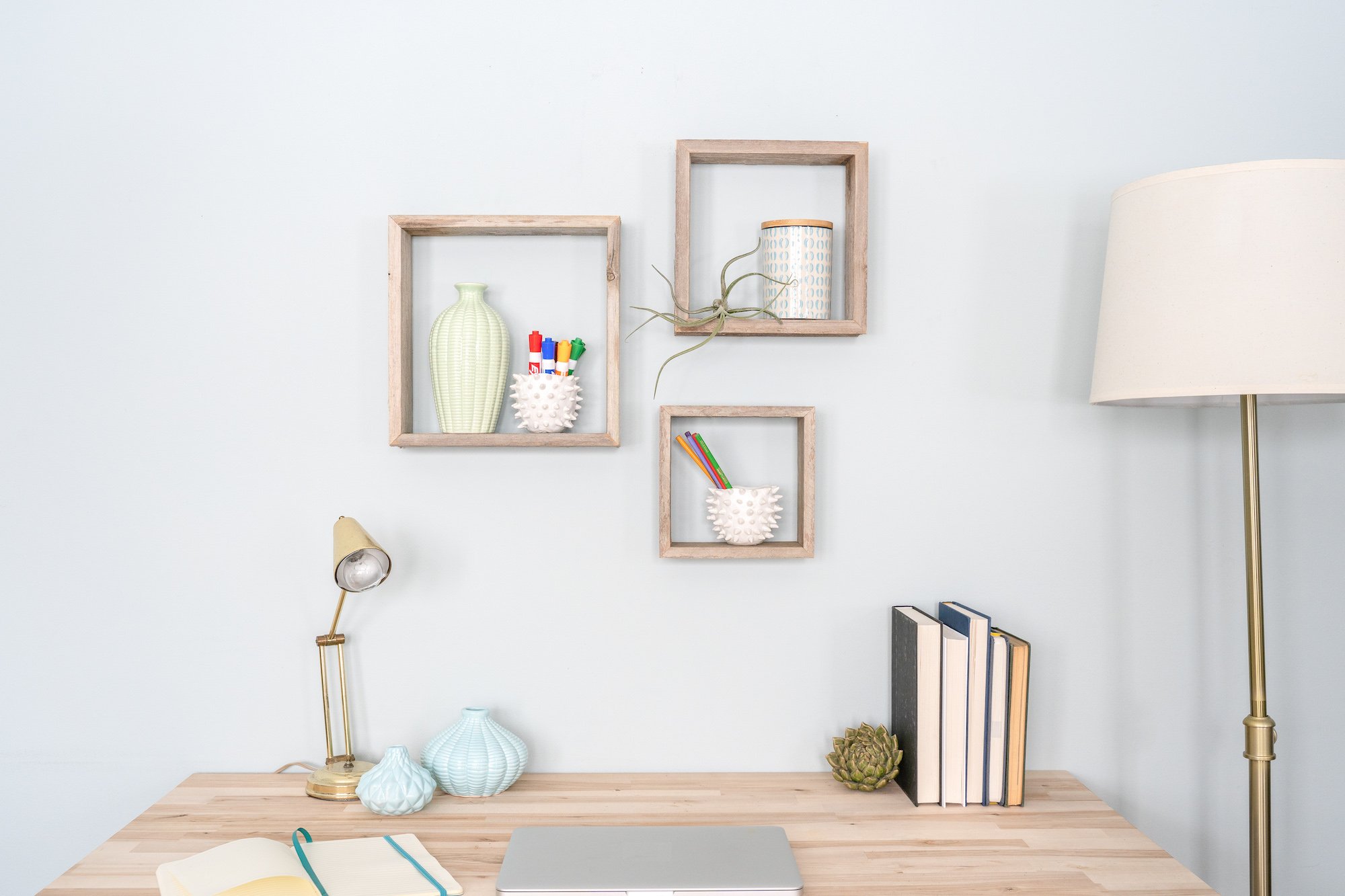 Set of 3 rustic white wash wood open box shelves, showcasing a charming farmhouse design, perfect for displaying decor items.