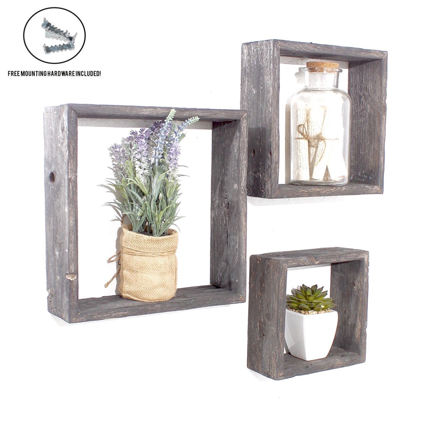 Set of 3 square smoky black reclaimed wood open box shelves, showcasing rustic farmhouse design and quality craftsmanship.