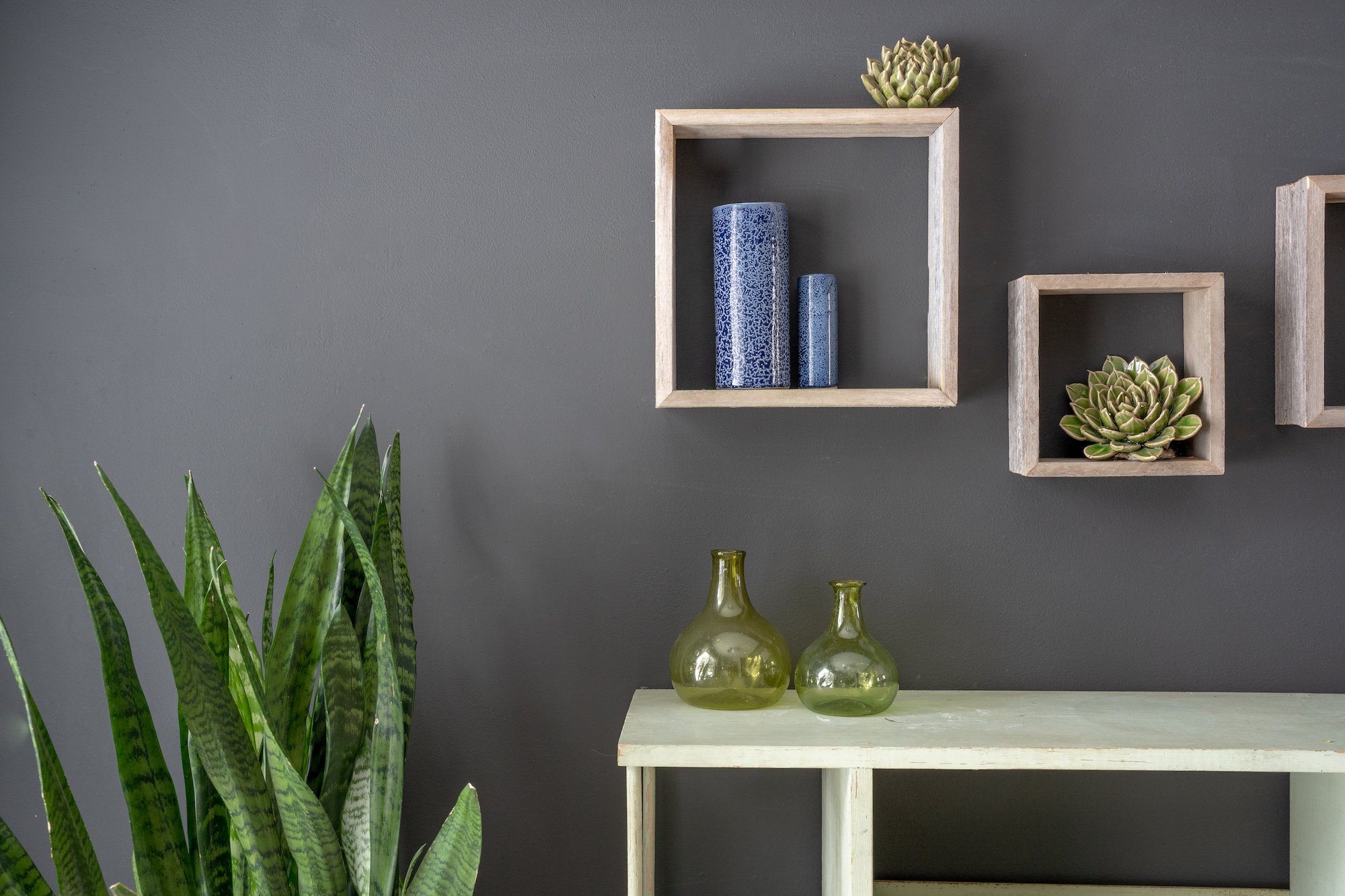 Set of 3 square smoky black reclaimed wood open box shelves, showcasing rustic farmhouse design and quality craftsmanship.