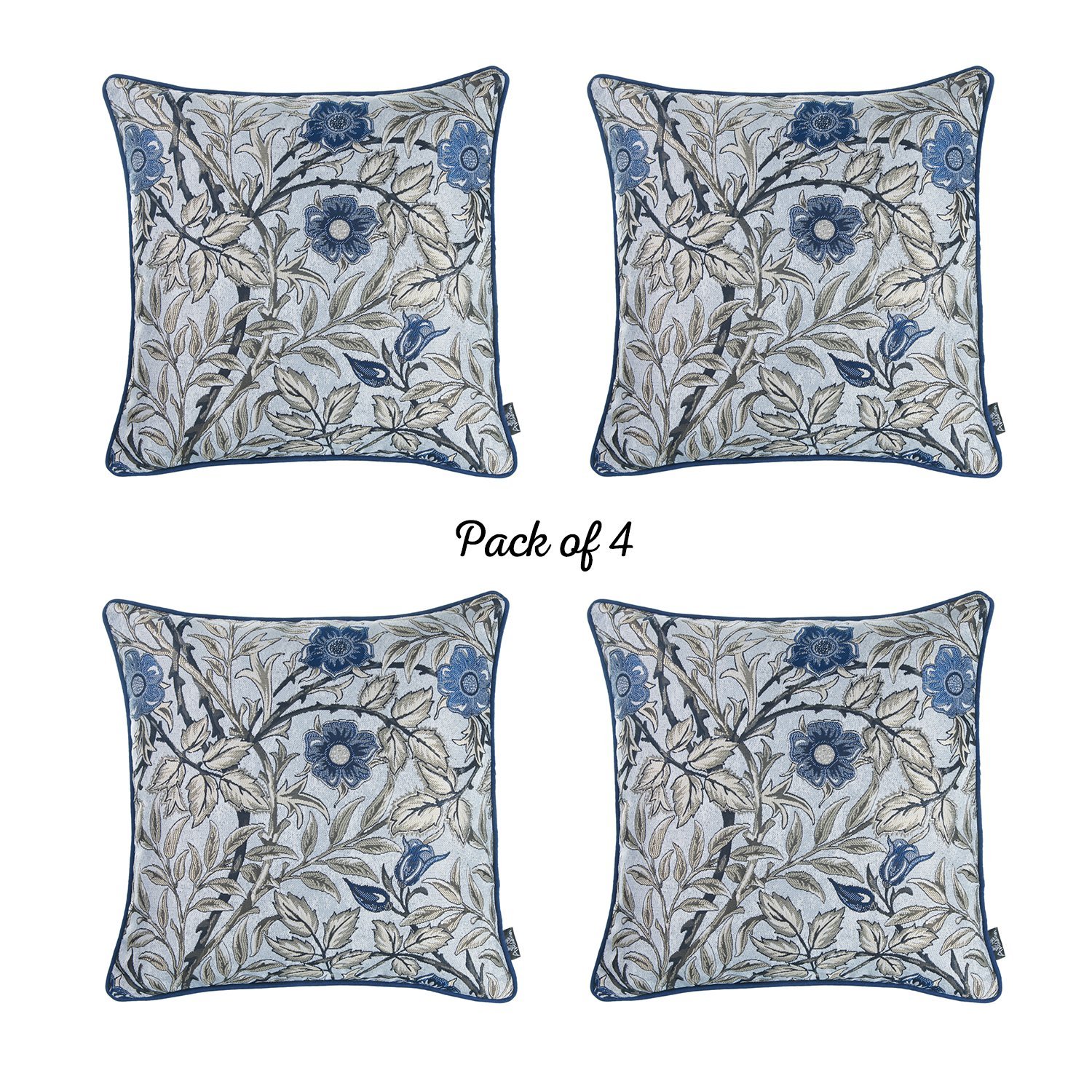 Set of 4 blue jacquard leaf throw pillow covers, showcasing intricate leaf patterns and luxurious texture, perfect for bedroom decor.