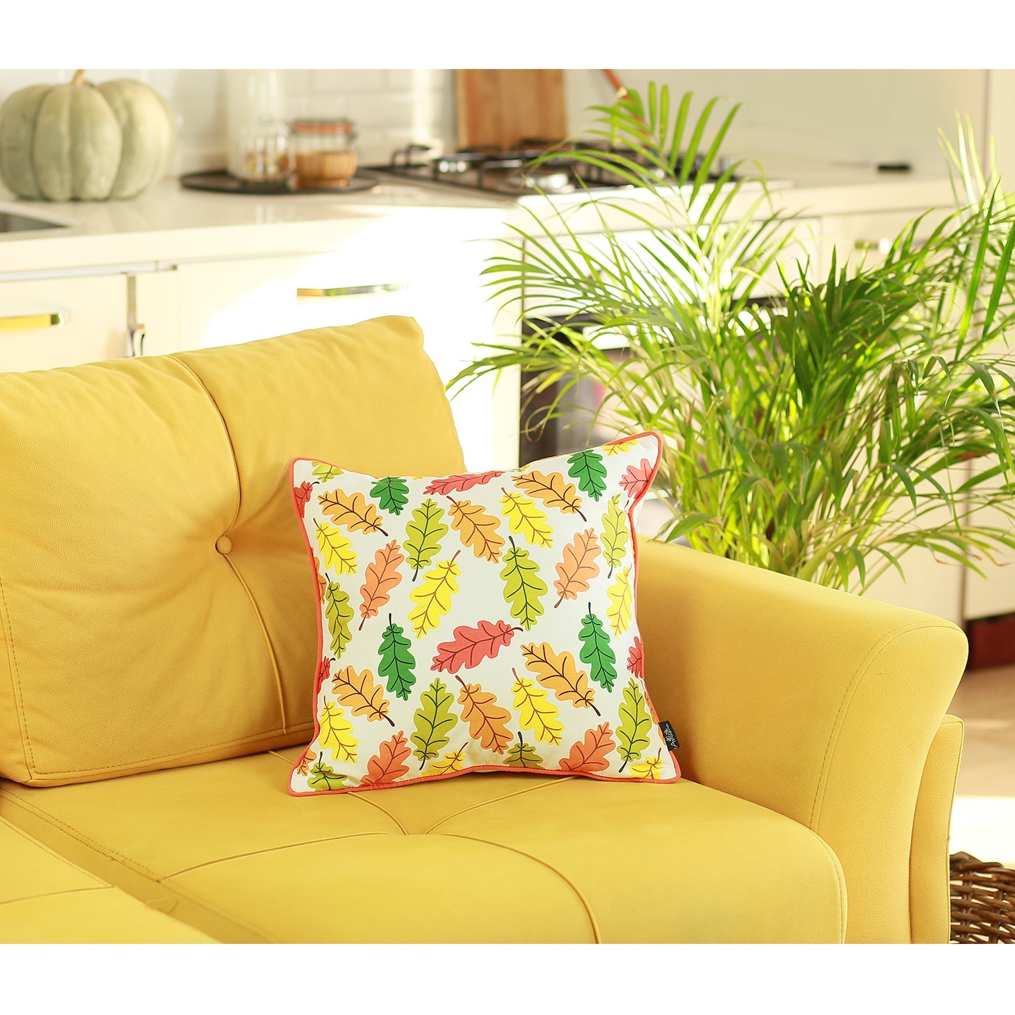 Set of 4 multicolor autumn leaves throw pillow covers, showcasing vibrant colors and a soft brushed polyester texture.