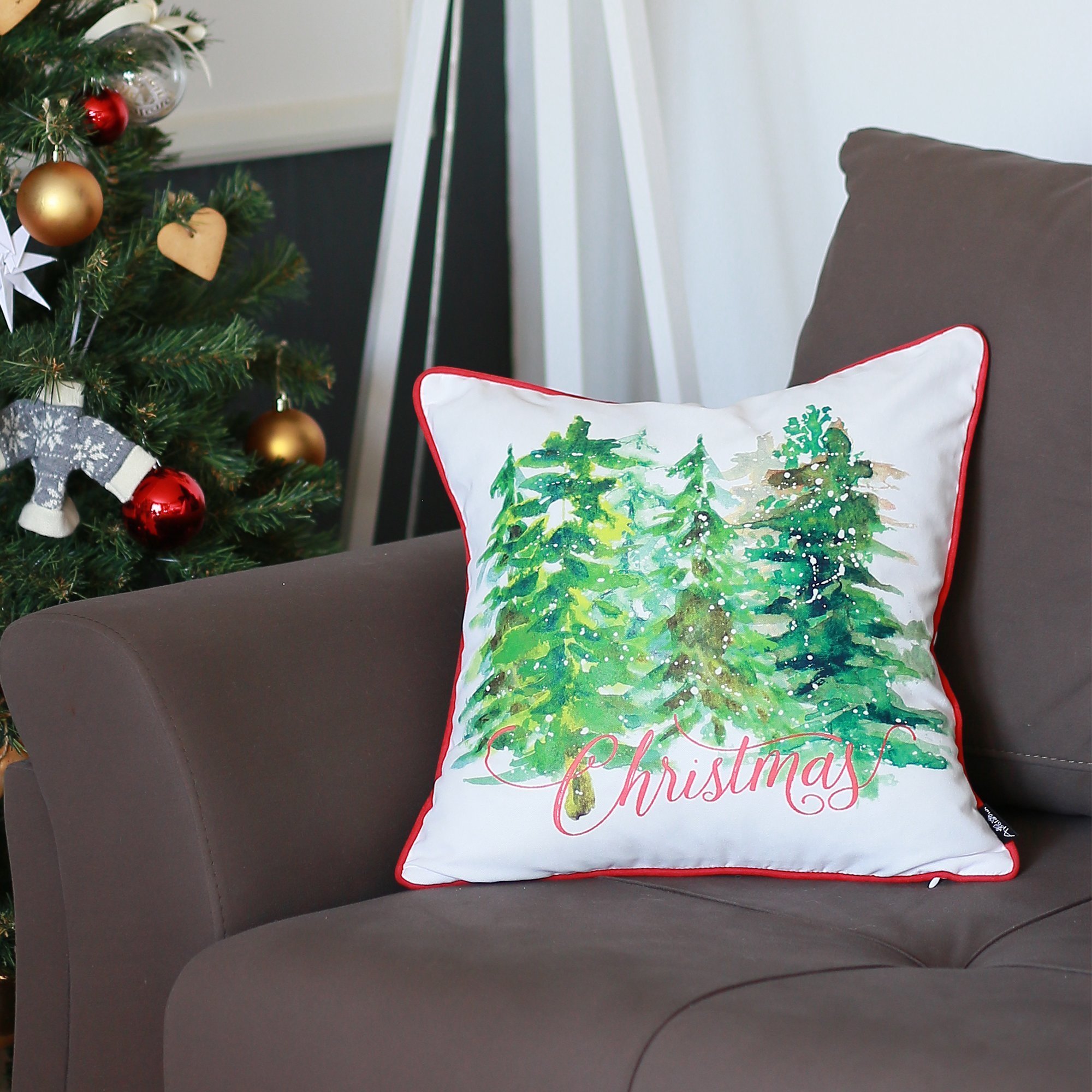 Set of 4 multicolor Christmas trees throw pillow covers, featuring a vibrant design on soft brushed polyester fabric.