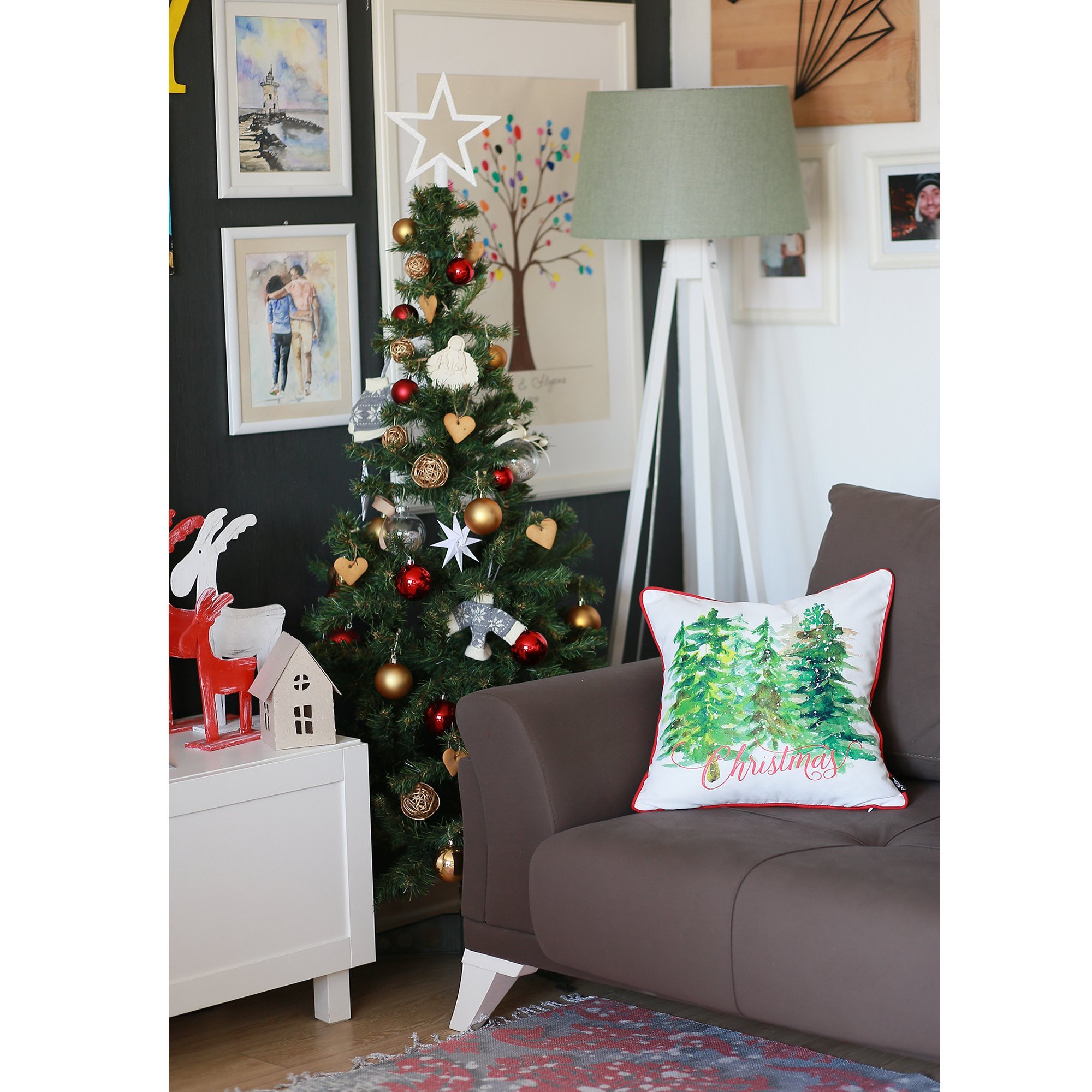 Set of 4 multicolor Christmas trees throw pillow covers, featuring a vibrant design on soft brushed polyester fabric.