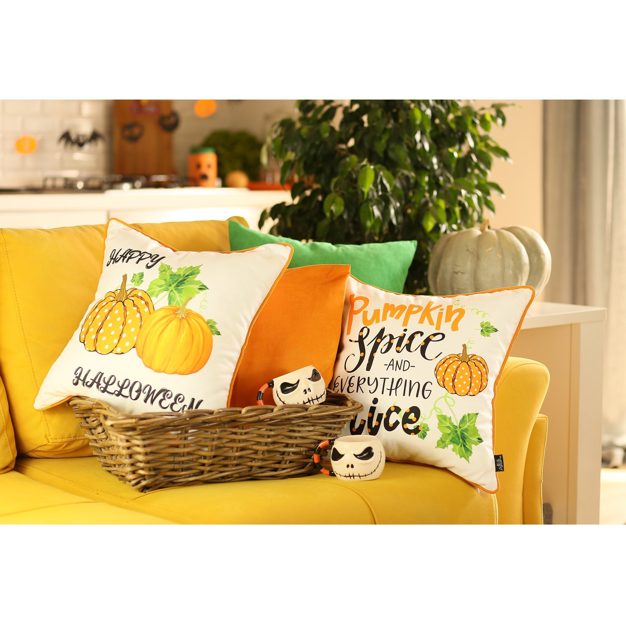 Set of 4 18-inch Fall Pumpkin Spice Harvest Throw Pillow Covers featuring a vibrant multicolor design, perfect for autumn decor.