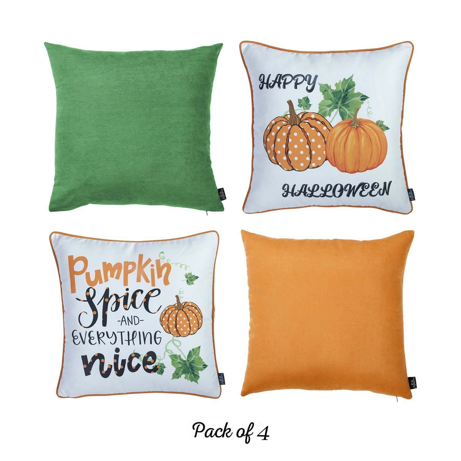 Set of 4 18-inch Fall Pumpkin Spice Harvest Throw Pillow Covers featuring a vibrant multicolor design, perfect for autumn decor.