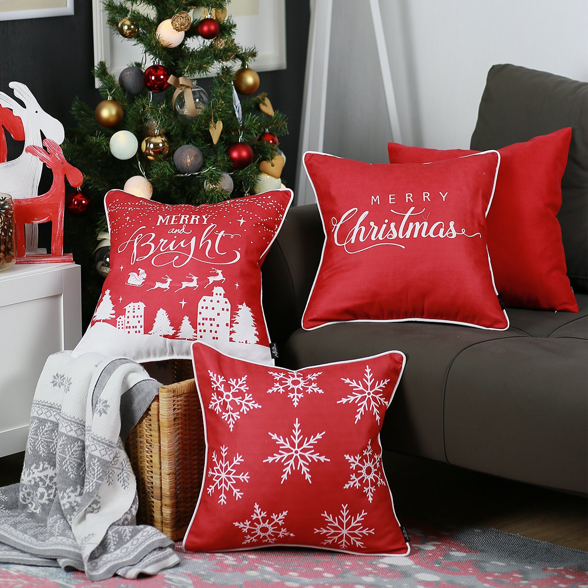 Set of 4 multicolor Merry Christmas throw pillow covers, featuring a festive design on soft brushed polyester fabric.