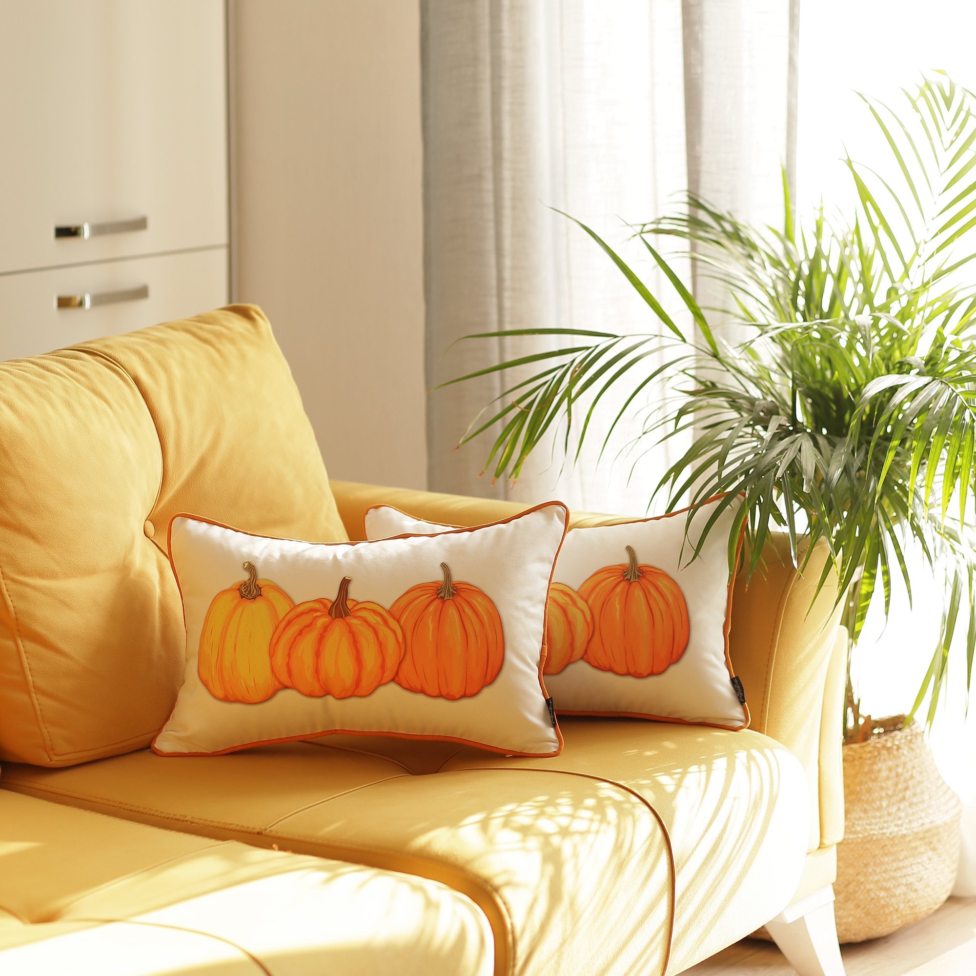 Set of 4 20-inch Thanksgiving Pumpkin Throw Pillow Covers featuring a vibrant multicolor pumpkin design on soft brushed polyester fabric.