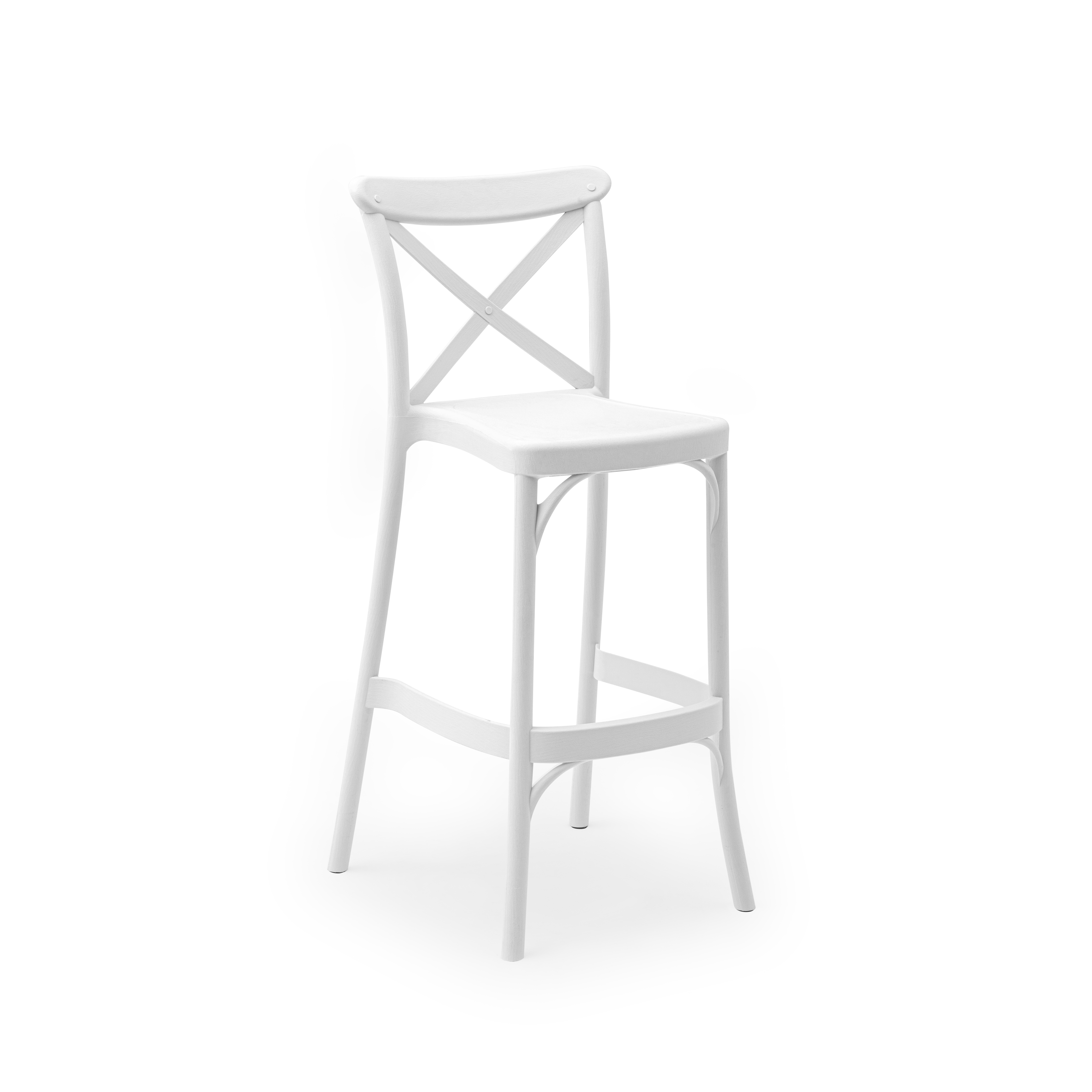 Set of 4 Crossback Stools featuring a classic design suitable for patio and kitchen use, made from durable polypropylene.