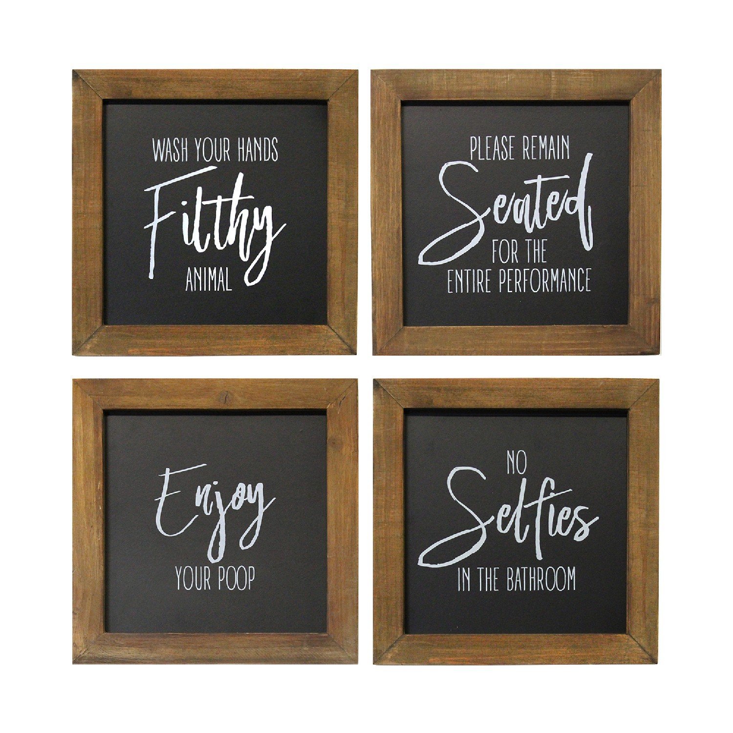 Set of 4 Funny Bathroom Wall Art featuring humorous sayings in walnut-stained frames, perfect for adding charm to any restroom.