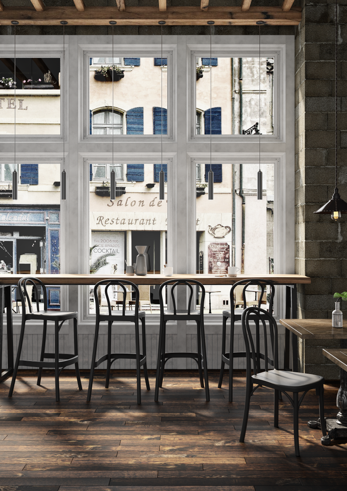 Set of 4 SOHO patio stools with a wood-like finish, designed for indoor and outdoor use, featuring a full backrest and sturdy legs.