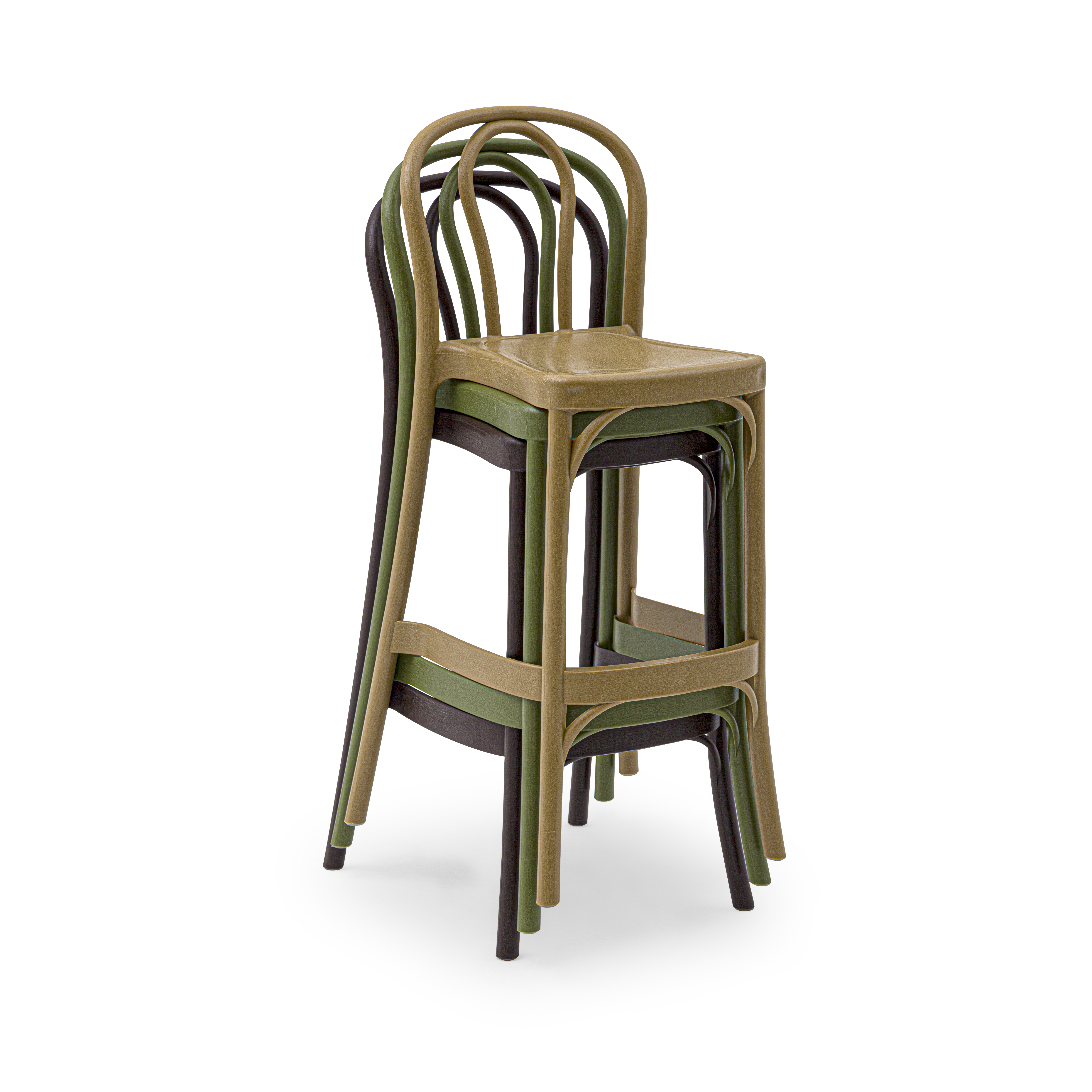 Set of 4 SOHO patio stools with a wood-like finish, designed for indoor and outdoor use, featuring a full backrest and sturdy legs.