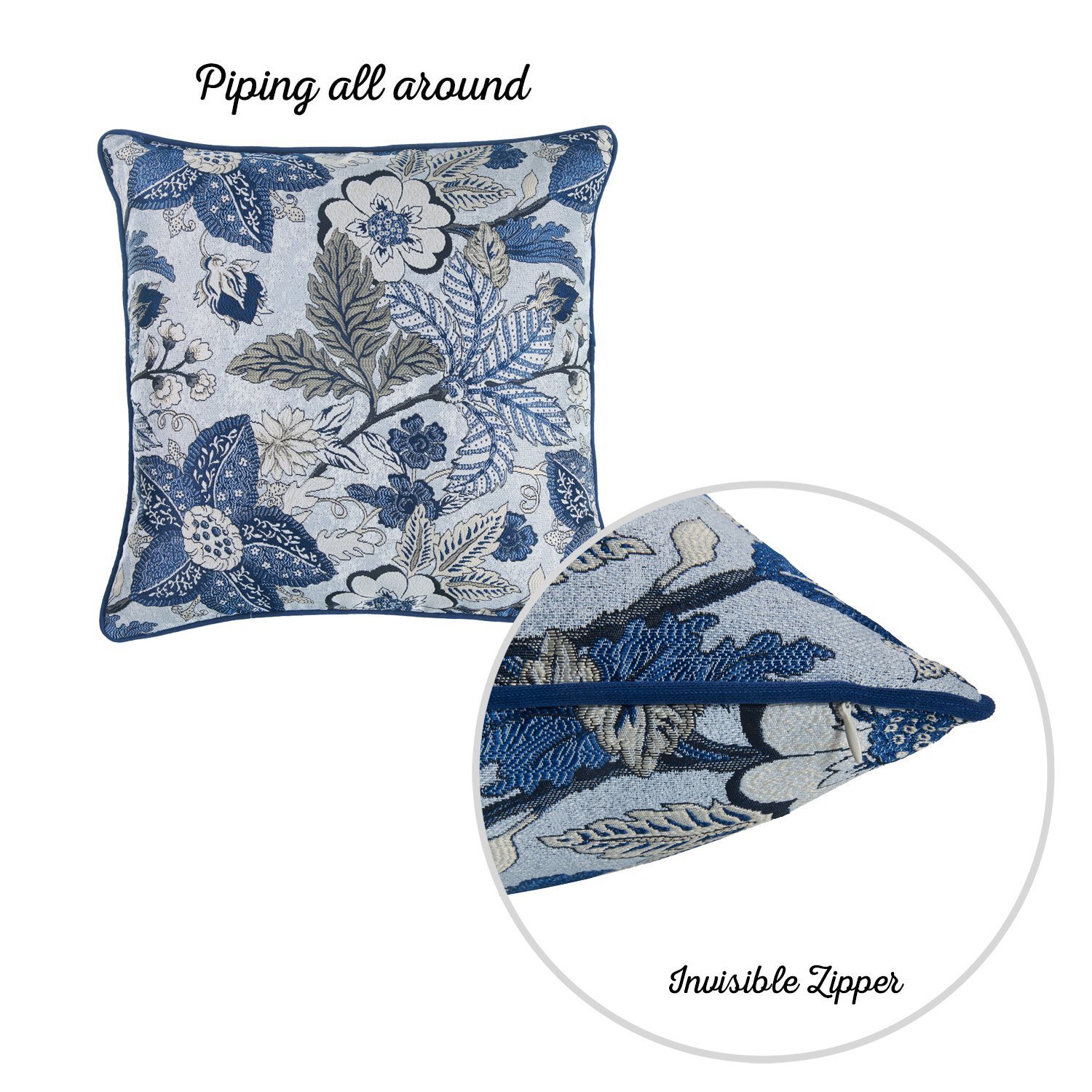 Set of 4 square pillow covers featuring a blue and beige floral design, perfect for home decor.