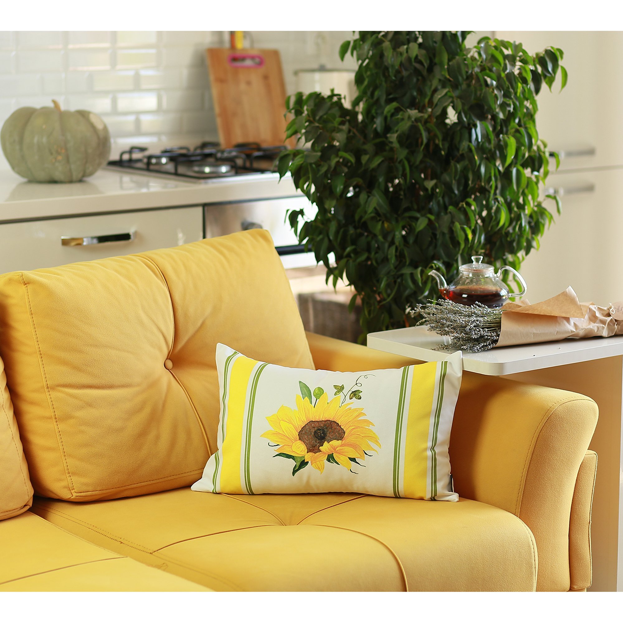 Set of 4 colorful sunflower design lumbar pillow covers on a sofa, showcasing vibrant yellow and green patterns.