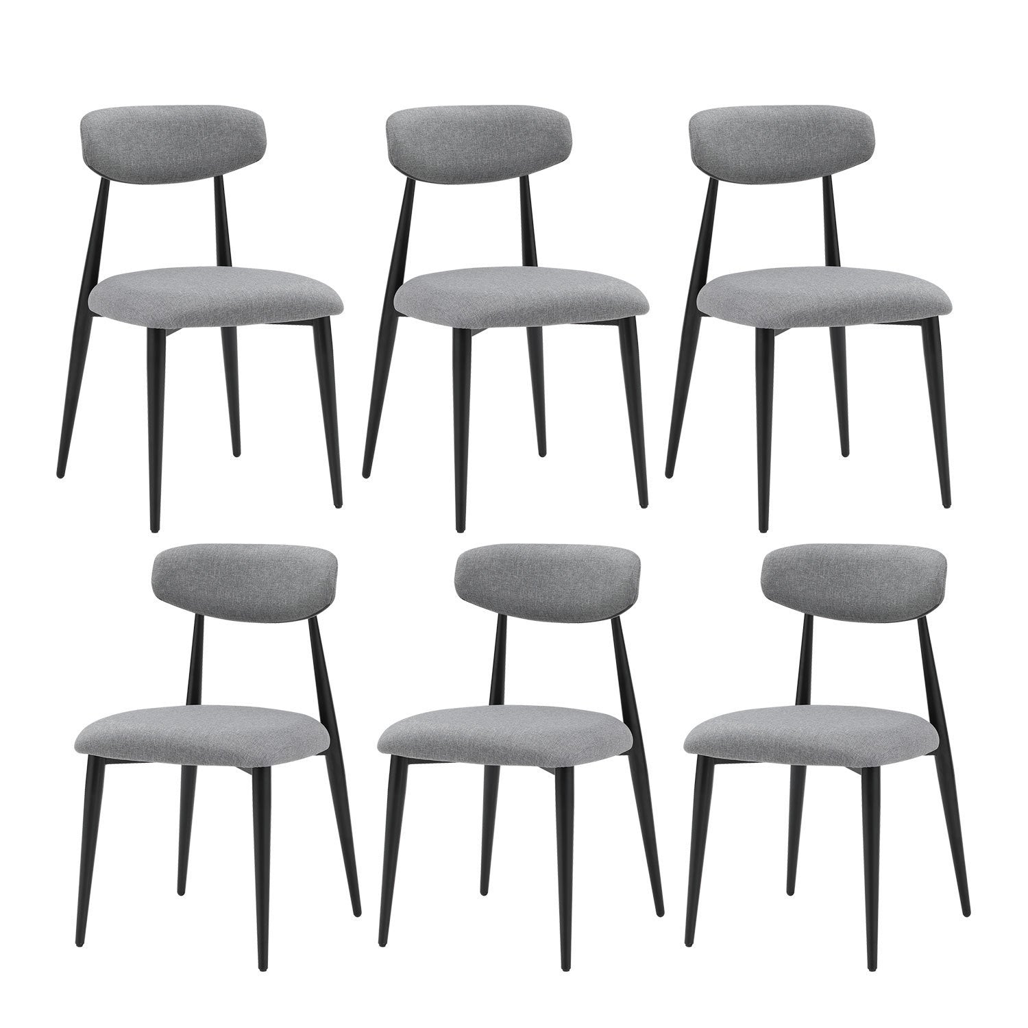 Set of 6 modern upholstered dining chairs with gray fabric and black metal legs, showcasing a stylish and ergonomic design.