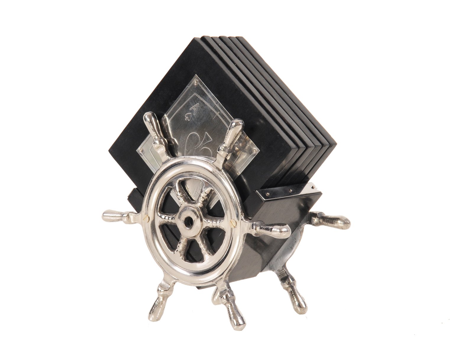 Set of 6 playing card coasters displayed on a ship's wheel stand, featuring engraved designs and a polished finish.