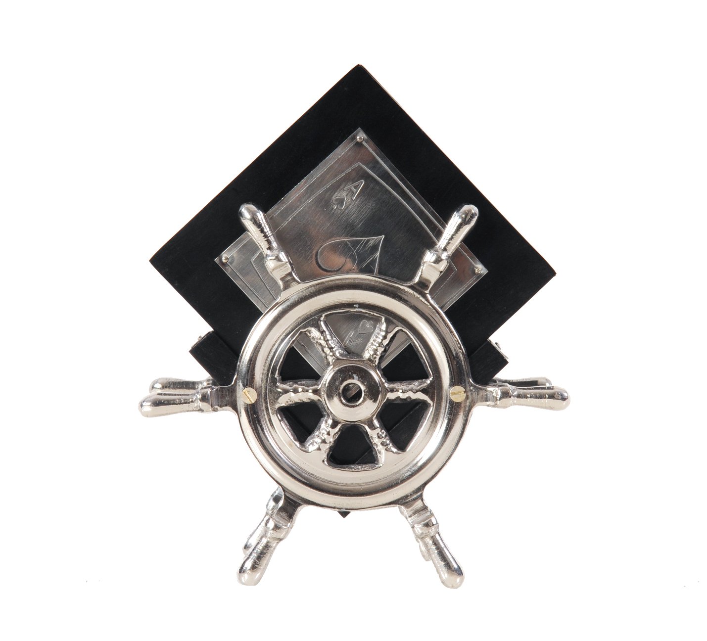 Set of 6 playing card coasters displayed on a ship's wheel stand, featuring engraved designs and a polished finish.