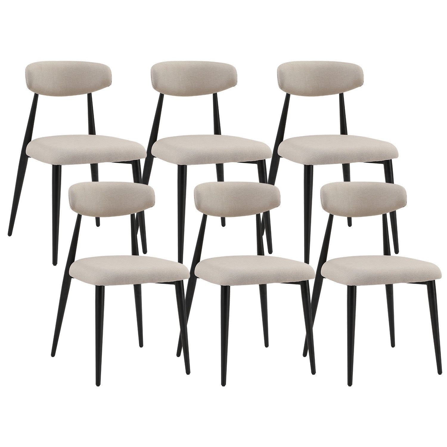 Set of 6 modern upholstered dining chairs with light grey fabric and sturdy black metal legs, designed for comfort and style.