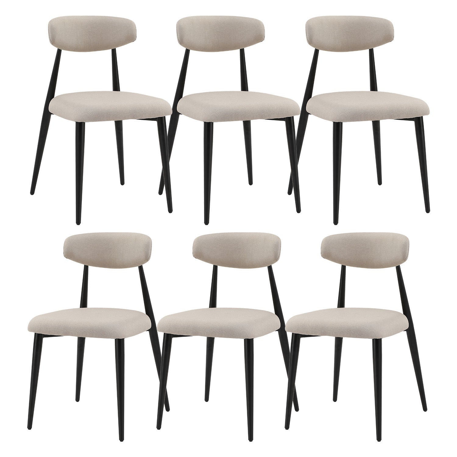 Set of 6 modern upholstered dining chairs with light grey fabric and sturdy black metal legs, designed for comfort and style.