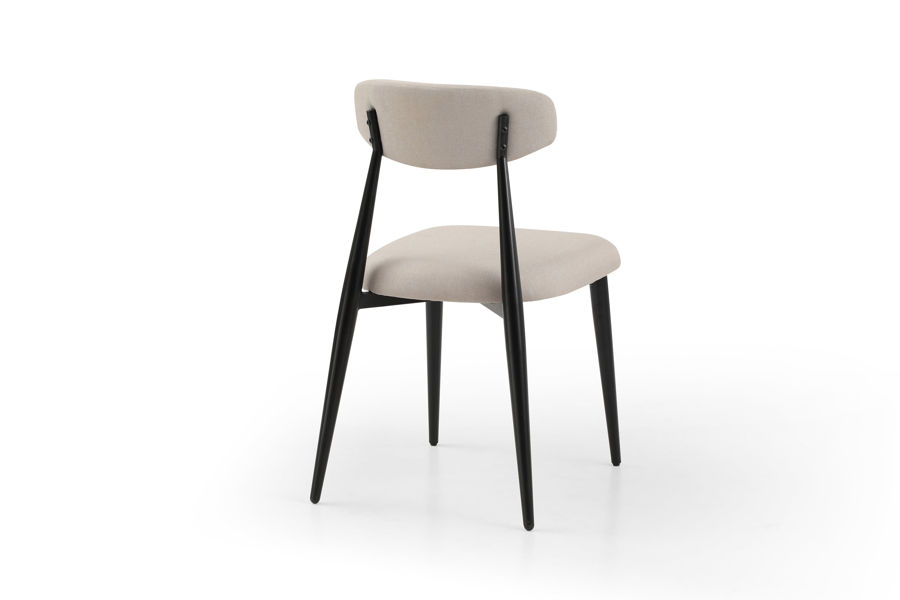 Set of 6 modern upholstered dining chairs with light grey fabric and sturdy black metal legs, designed for comfort and style.