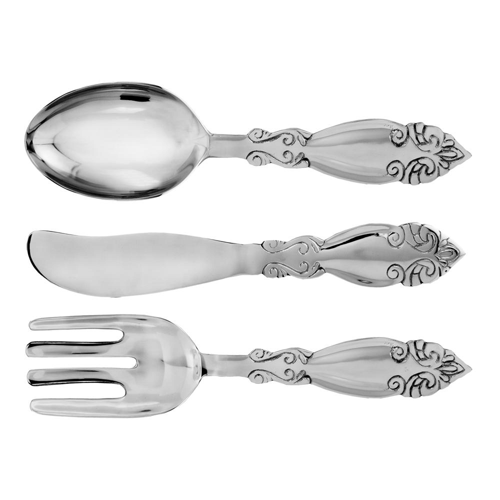 A stylish set of three silver cutlery wall art pieces including a fork, spoon, and knife made of buffed aluminum, showcasing modern design.