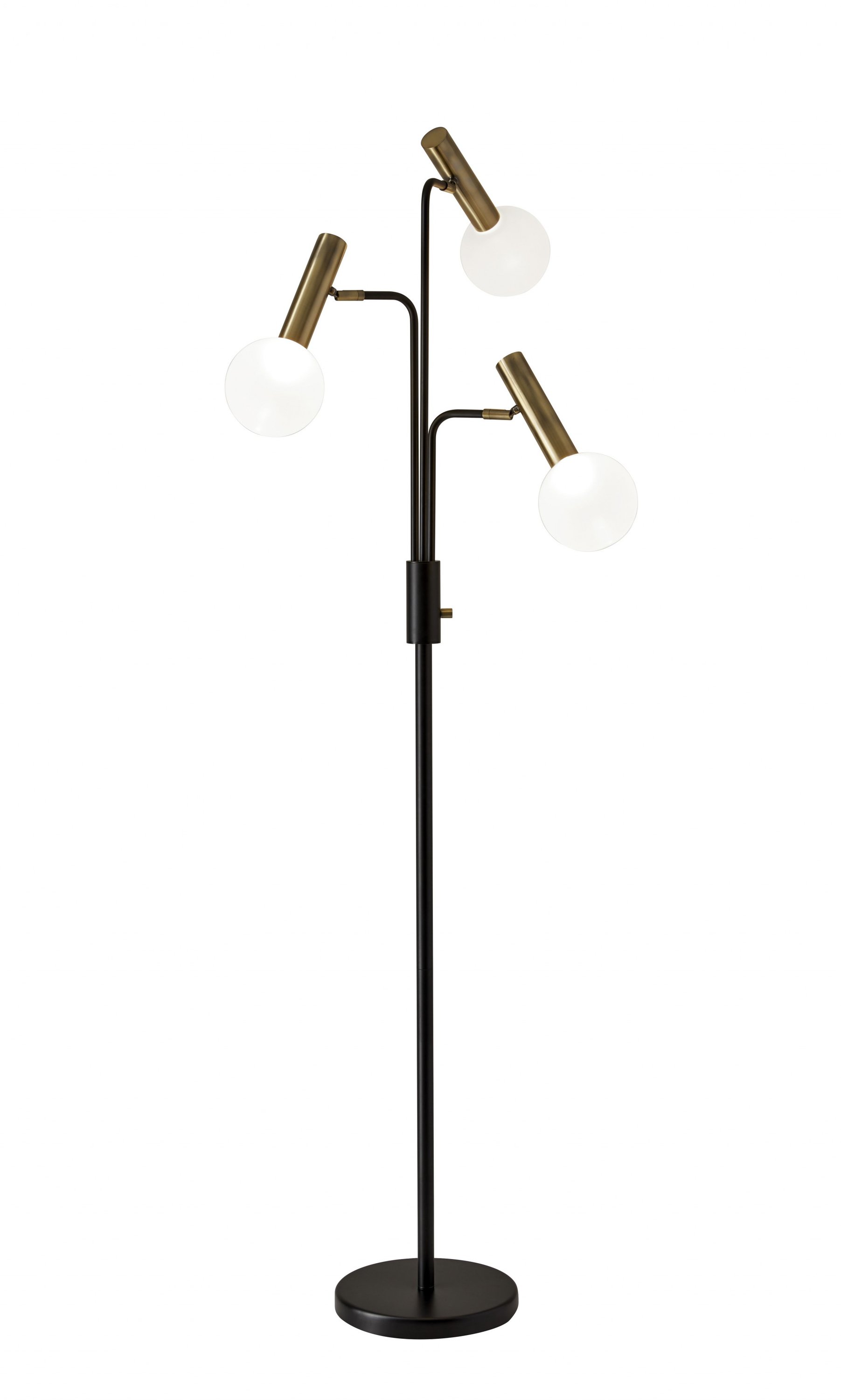 Sleek Black and Brass Finish LED 3-Arm Floor Lamp with adjustable arms and frosted glass globes, showcasing modern design.