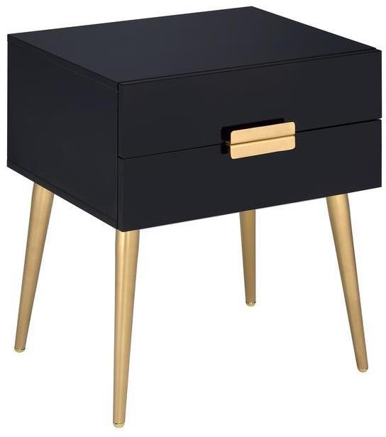 Sleek black and gold two drawer end table with high gloss white top and metal tapered legs.