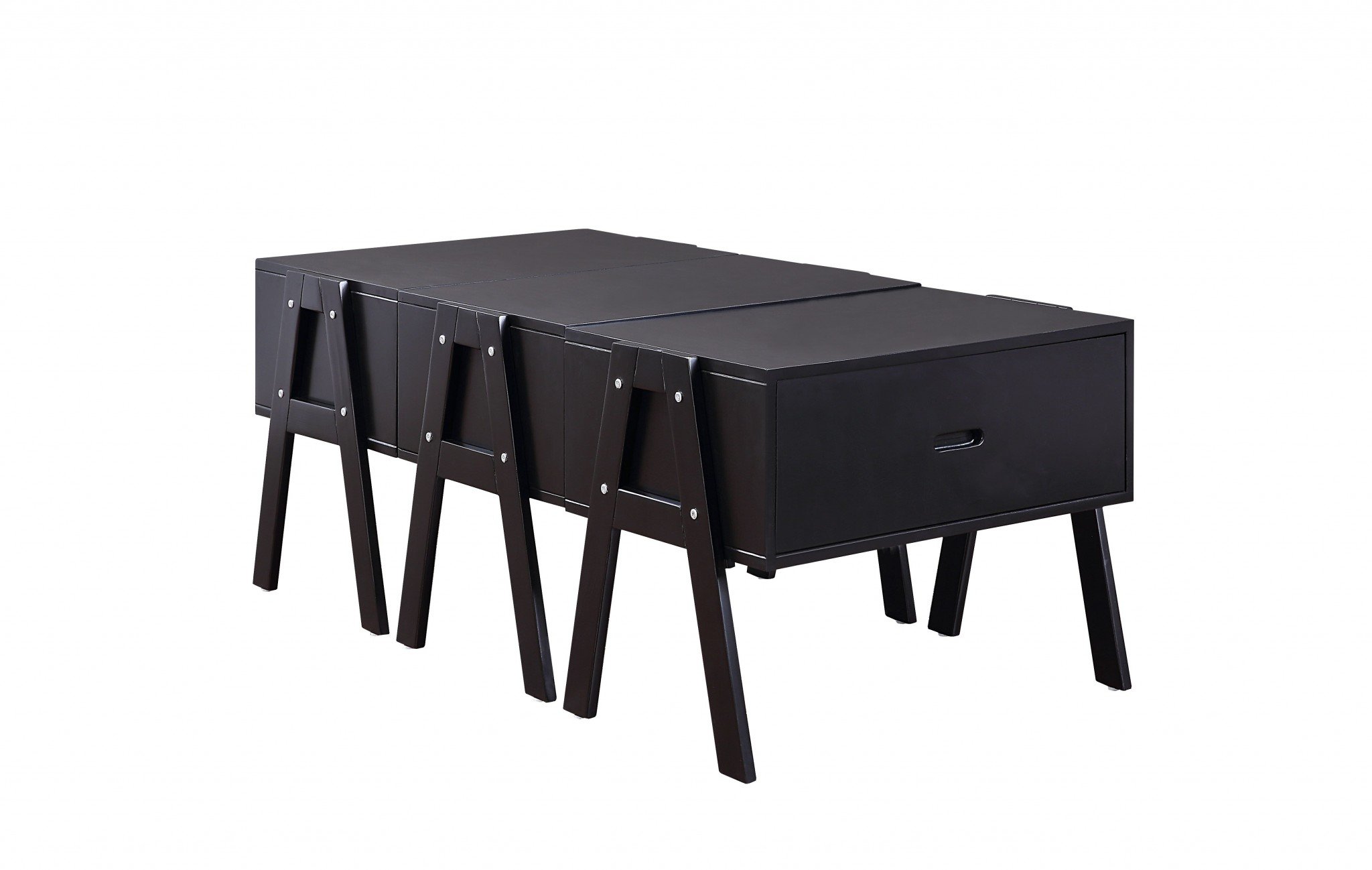 Sleek black rectangular convertible coffee table with three drawers and angled wood legs, showcasing its modern design and functionality.