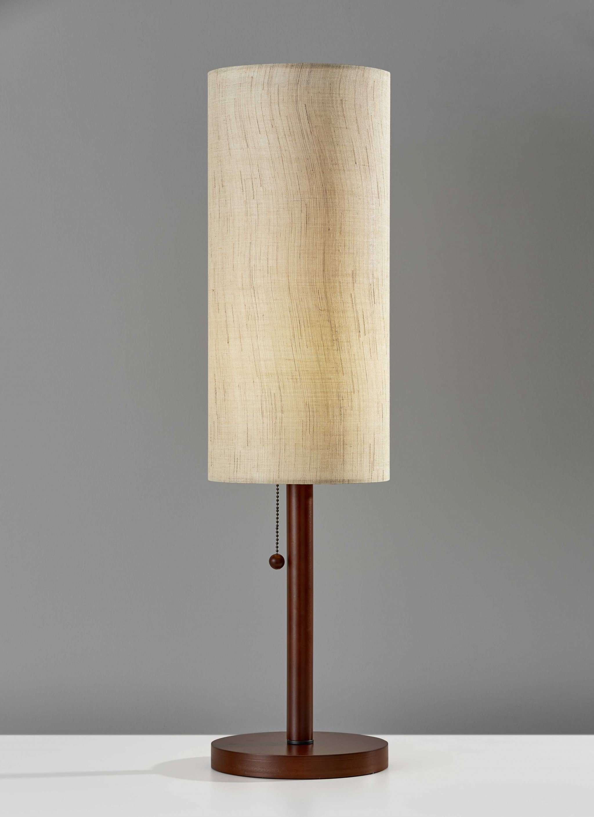 Slim Silhouette Walnut Wood Table Lamp with a double cylindrical shade and wood ball pull-chain, showcasing its modern design.