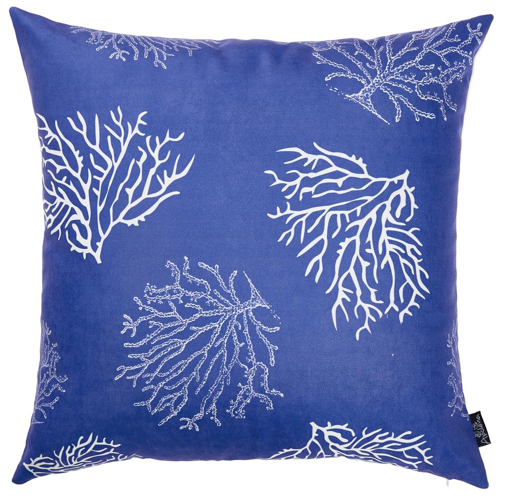 Square decorative throw pillow cover featuring a vibrant blue coral reef design on luxurious brushed fabric.