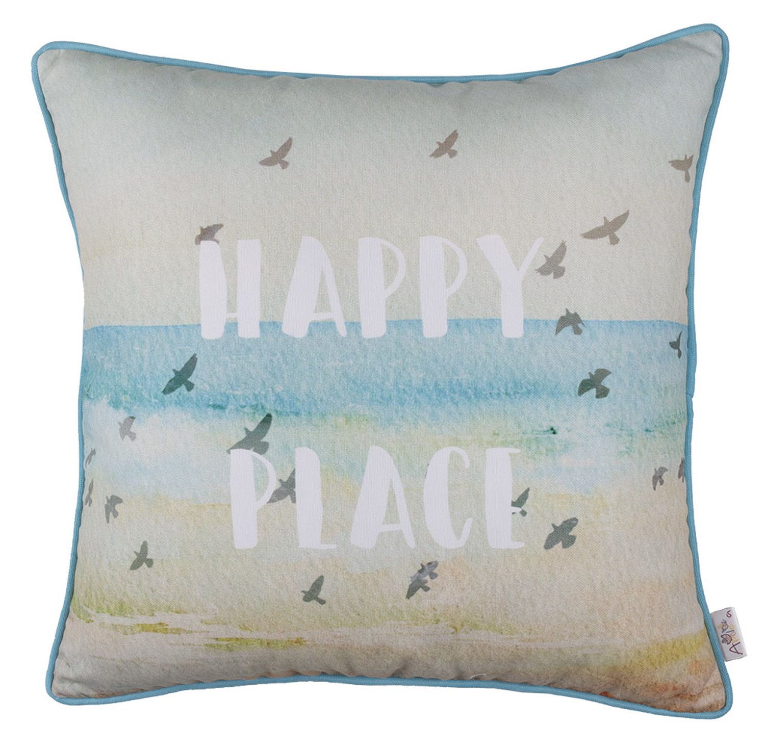 Square decorative throw pillow cover featuring a vibrant beach quote design with blue piping, made from luxurious brushed polyester fabric.