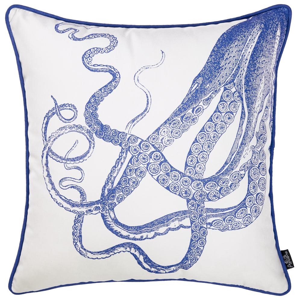 Square decorative throw pillow cover featuring a vibrant blue octopus design on a white background with blue piping.