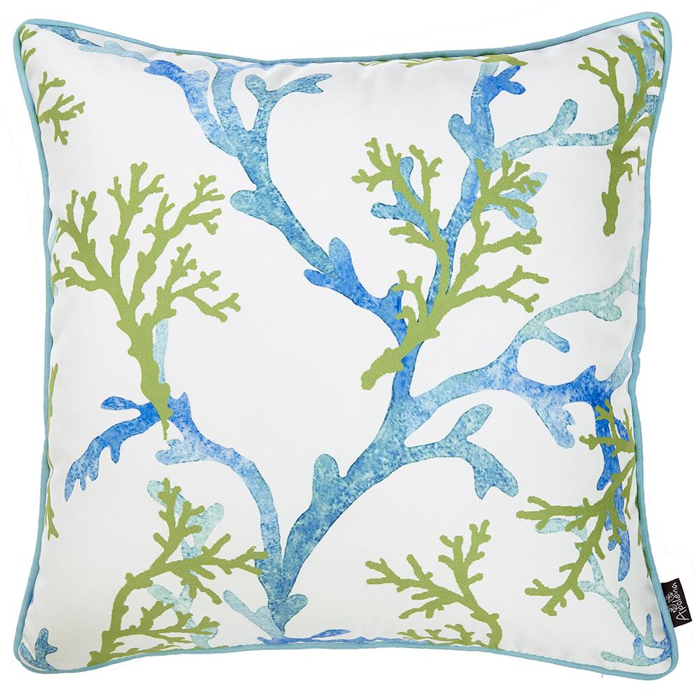 Square decorative throw pillow cover featuring a vibrant blue and green coral design on a white background, with blue piping and a hidden zipper closure.