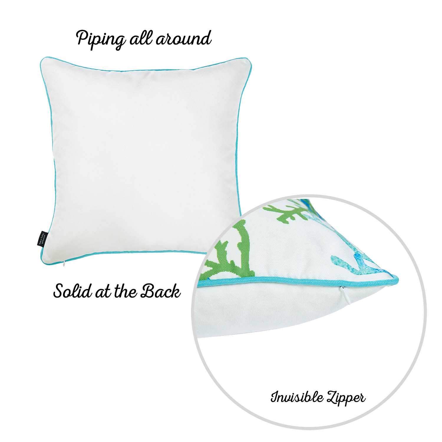 Square decorative throw pillow cover featuring a vibrant blue and green coral design on a white background, with blue piping and a hidden zipper closure.