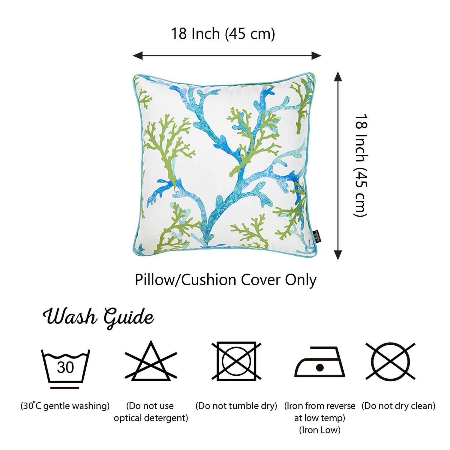 Square decorative throw pillow cover featuring a vibrant blue and green coral design on a white background, with blue piping and a hidden zipper closure.