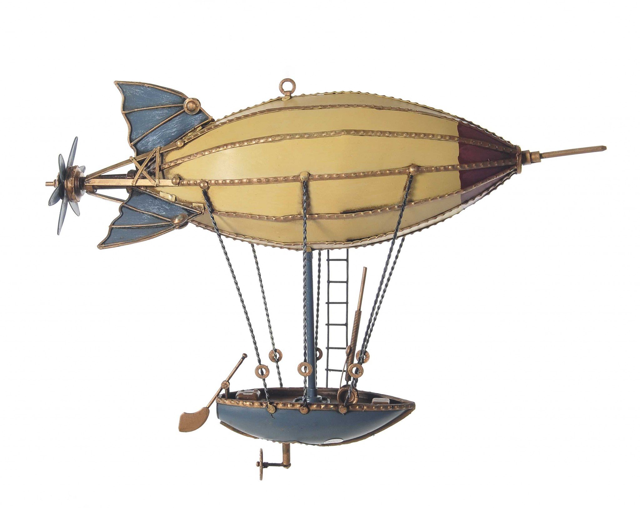 A detailed handcrafted metal model of a steampunk airship featuring an engine propeller, ladder, fins, riggings, and a rowboat.